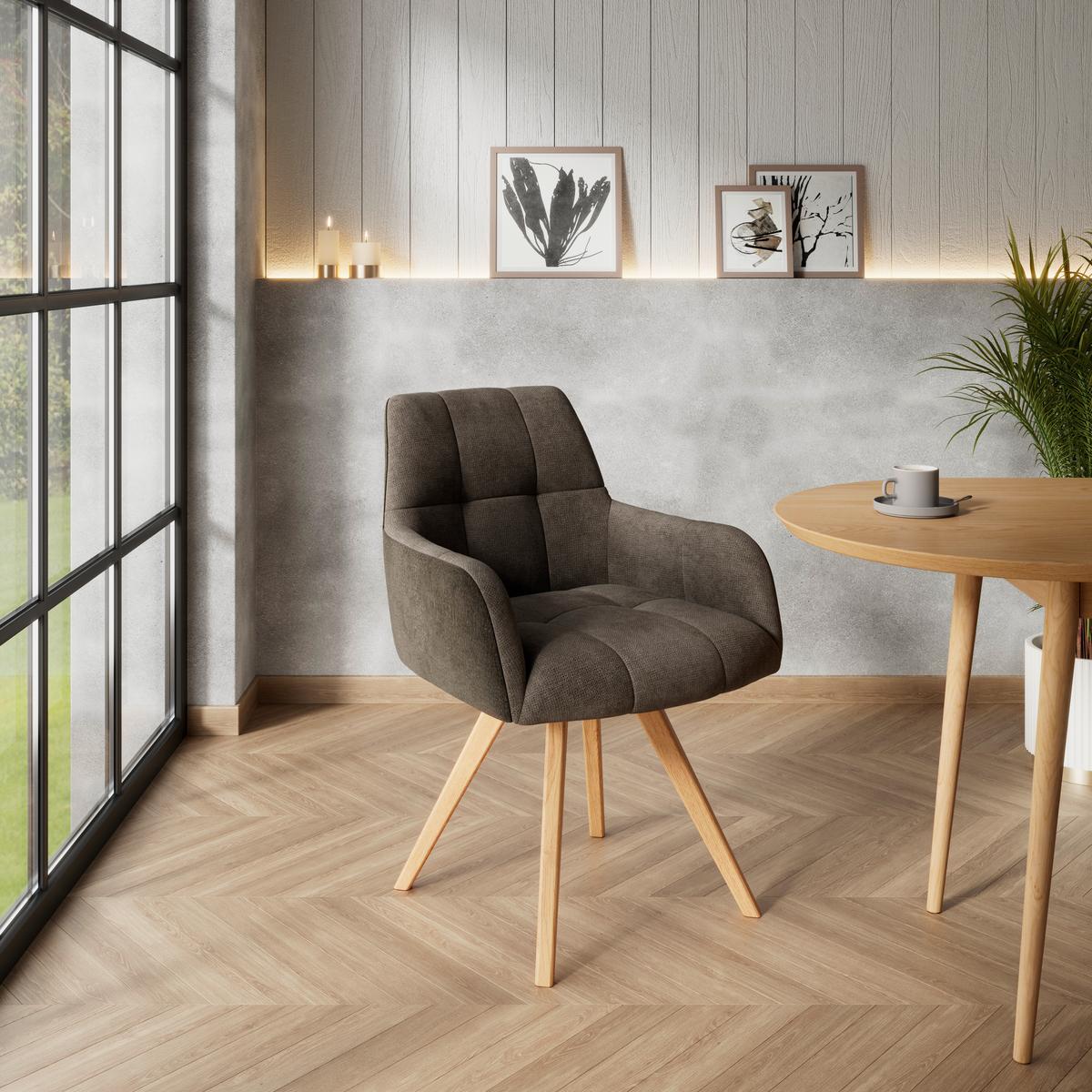 Armlehnstuhl Elke braun Eiche massiv, drehbar, B: 61cm - Braun/Naturfarben, KONVENTIONELL, Holz/Textil (61/88/66,5cm)