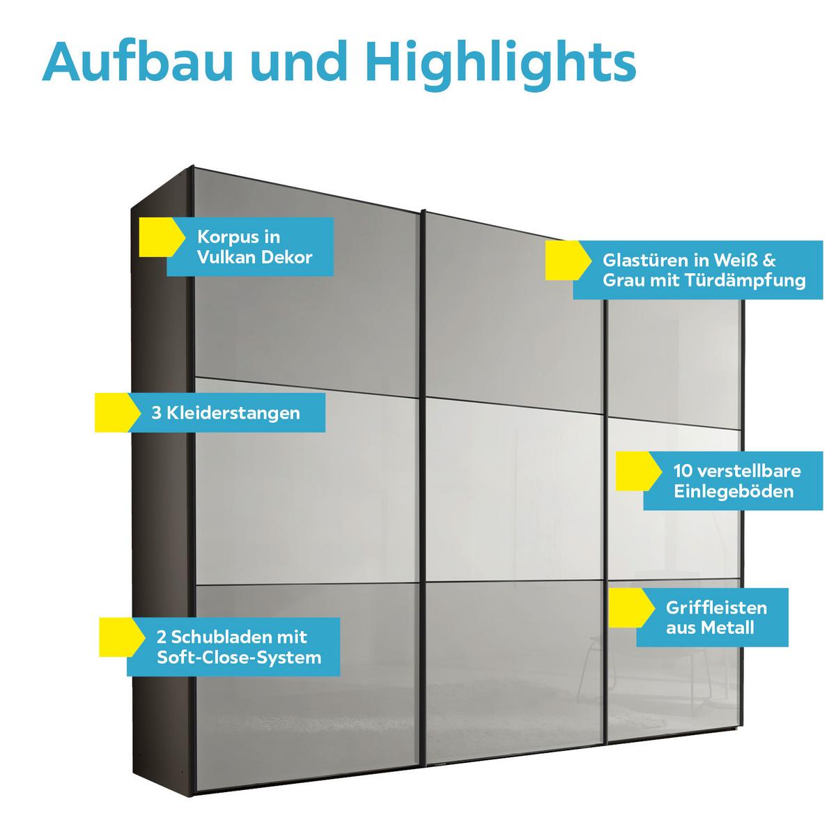 Schwebetürenschrank Glasfront 298 Cm Includo, Hellgrau/weiß - Dunkelgrau/Hellgrau, MODERN, Glas/Holzwerkstoff (298/222/68cm)