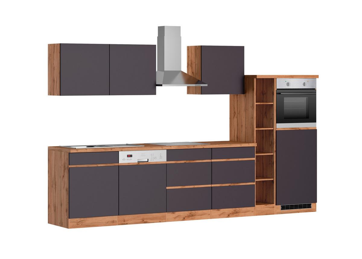 Küchenzeile Turin mit Geräten B: 330cm Grau/Wotaneiche Dekor - Eiche Wotan/Grau, Design, Holzwerkstoff (330cm) - Held