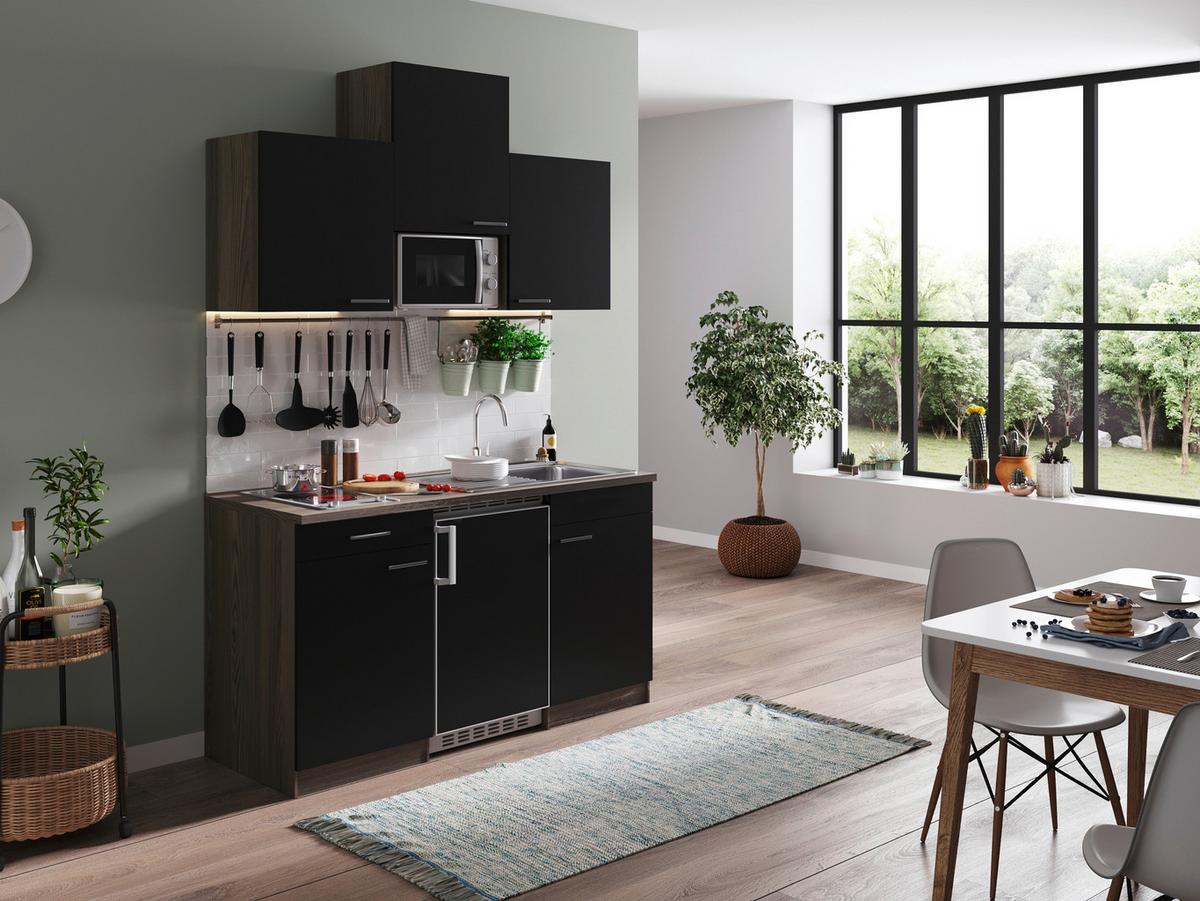 Miniküche Oliver Singleküche 150 cm - Eichefarben/Schwarz, Basics, Holzwerkstoff (150cm) - Respekta