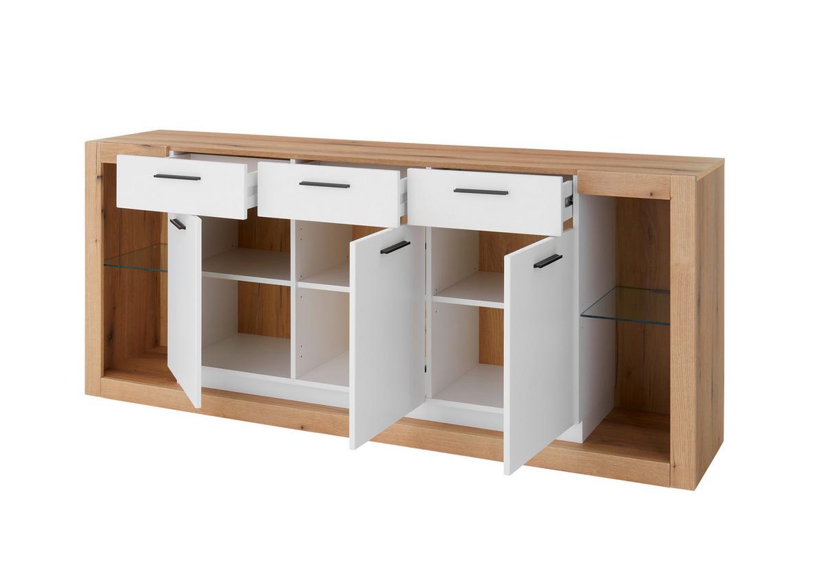 Sideboard Brixen Weiß/Eichefarben B: 198cm - Eichefarben/Weiß, Design, Glas/Holzwerkstoff (198/83/43cm) - MID.YOU