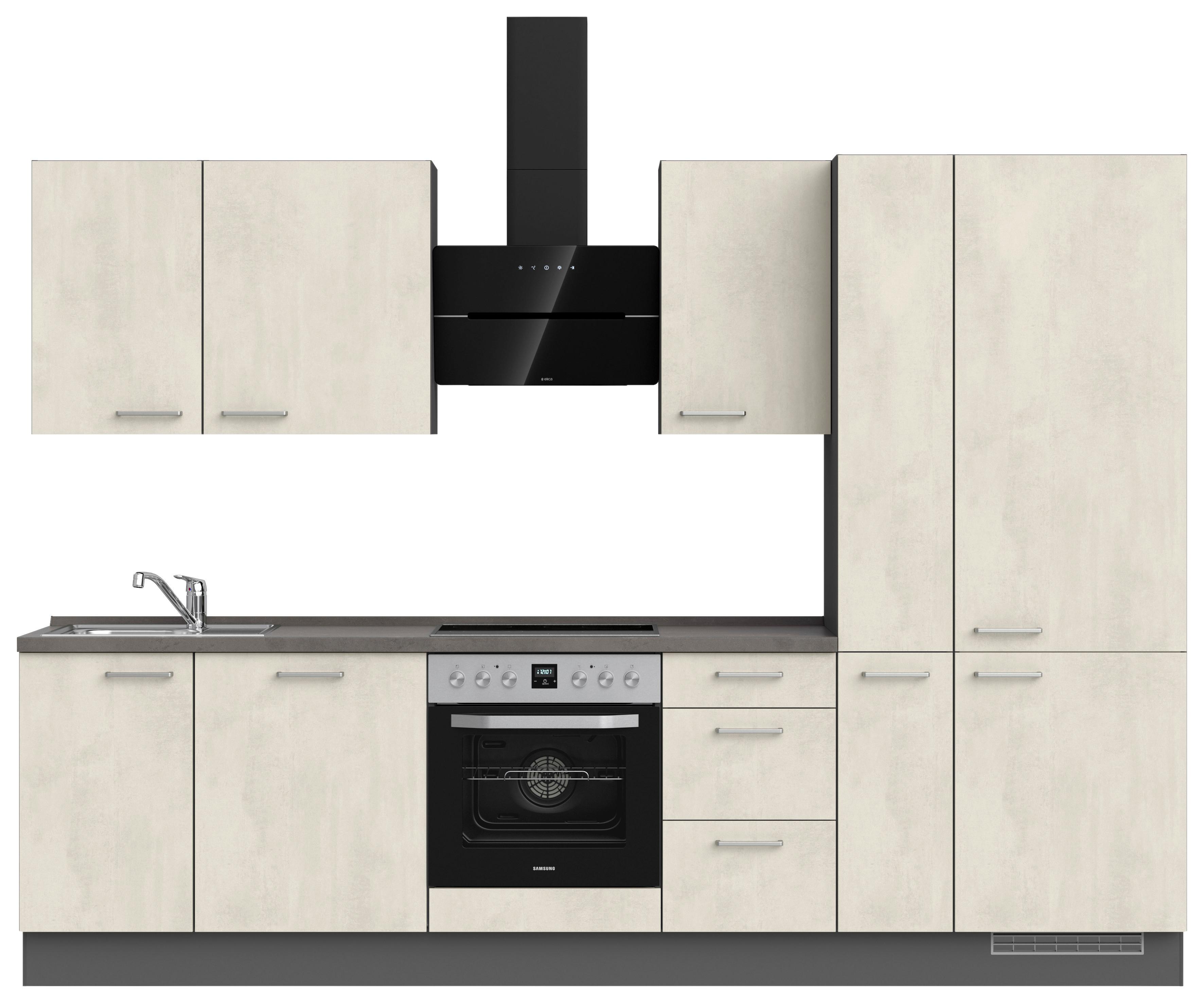 Kuchynská linka 300CM biely betón/ bridlicová šedá - biela/farba ušľachtilej ocele, Modern, kov/kompozitné drevo (300cm) - Nobilia