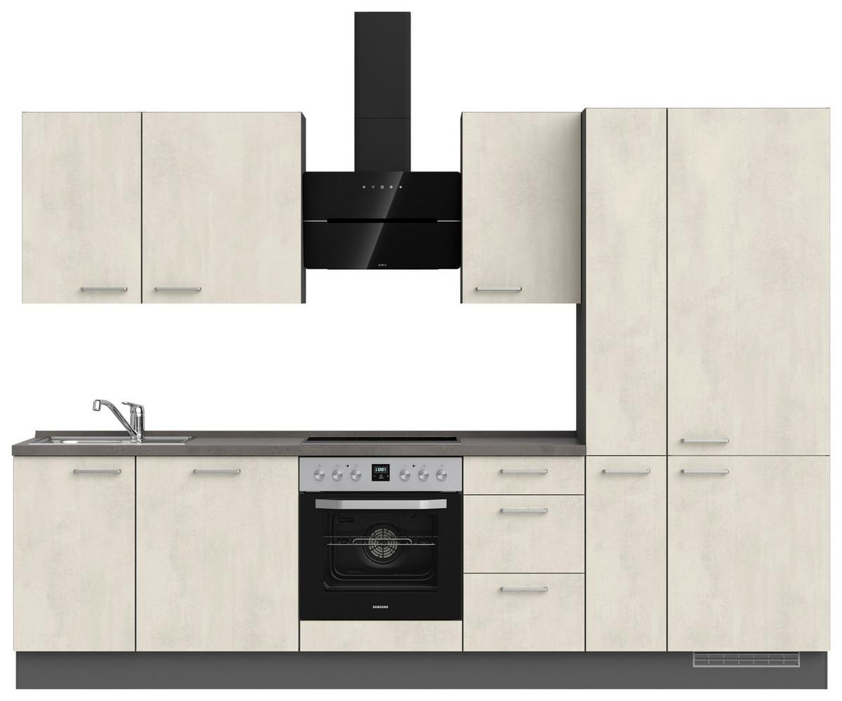 Kuchynská linka 300CM biely betón/ bridlicová šedá - biela/farba ušľachtilej ocele, Modern, kov/kompozitné drevo (300cm) - Nobilia