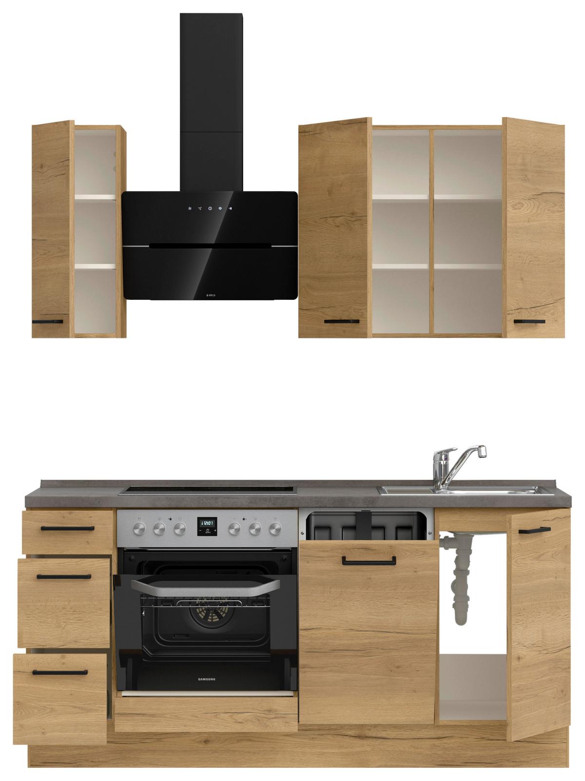 Kuchyňská linka 180 cm, dub Sierra - barvy dubu/černá, Moderní, kov/kompozitní dřevo (180cm) - Nobilia
