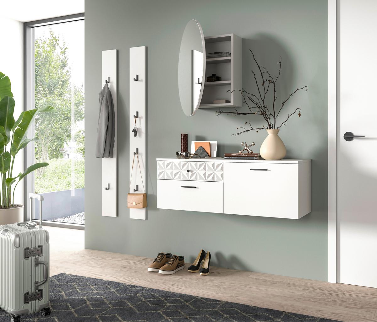 Garderobe Prisma Weiß B: 141 Cm - Weiß, Design, Glas/Holzwerkstoff (141/192/34cm) - MID.YOU