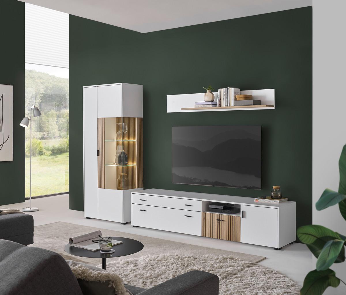 Hudson Wohnwand Weiß/Eichefarben B: 328 cm - Eichefarben/Schwarz, Design, Glas/Holzwerkstoff (328/180/42cm) - MID.YOU
