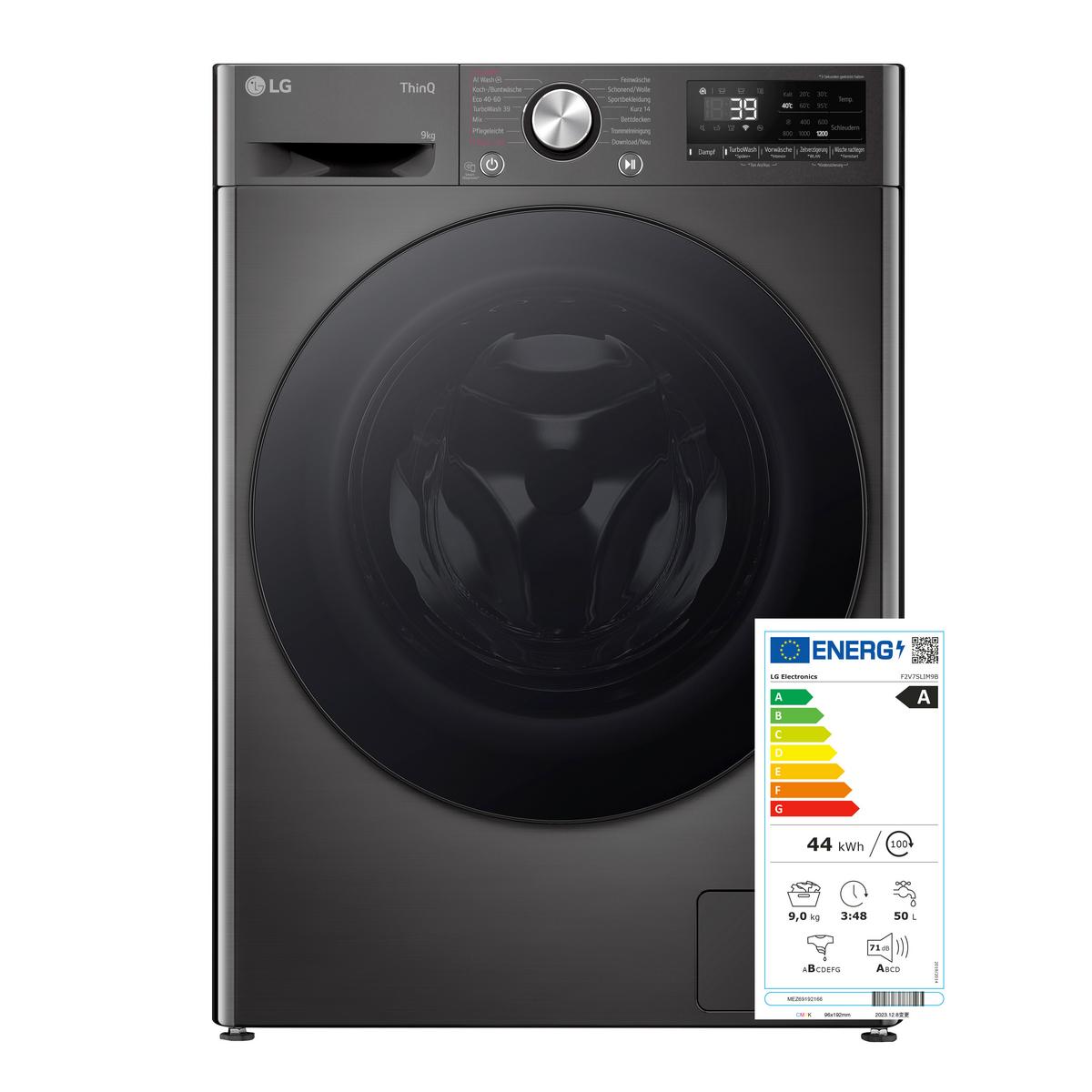 Waschmaschine F2v7slim9b 9 Kg Füllmenge, 1160 U/min - Schwarz, Basics, Metall (60/85/47,5cm) - LG