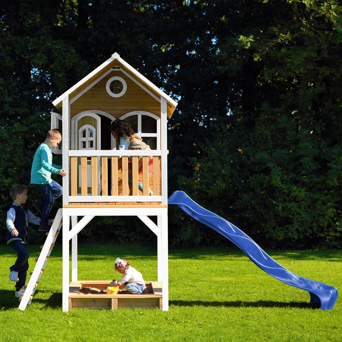 Spielhaus Sarah Blau/Braun/Weiß B: 370 cm - Blau/Braun, KONVENTIONELL, Holz/Kunststoff (370/291/191cm) - Ambia Garden