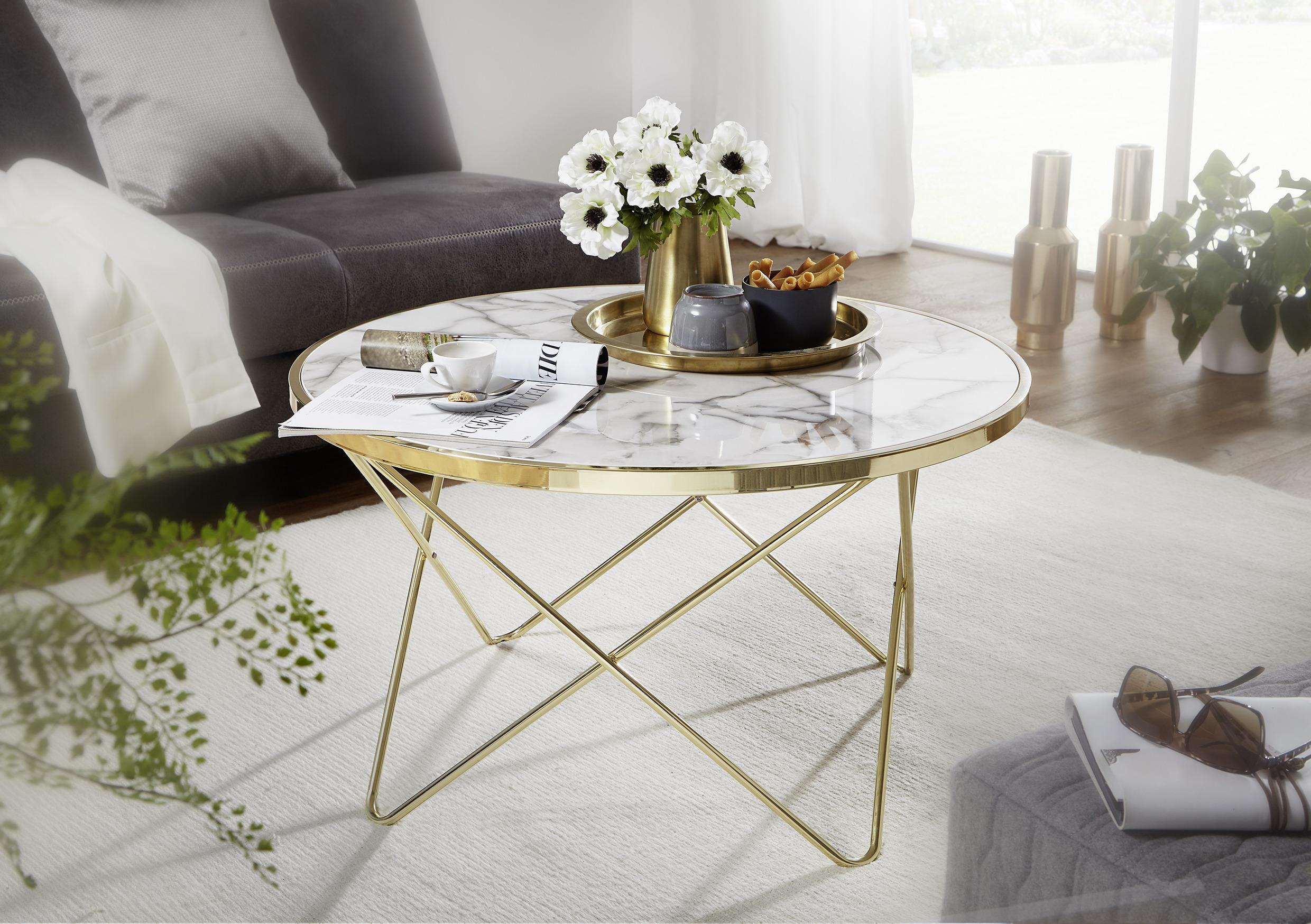 Couchtisch Rund, Weiß/Goldfarben - Goldfarben/Weiß, Design, Holzwerkstoff/Metall (85/85cm) - MID.YOU