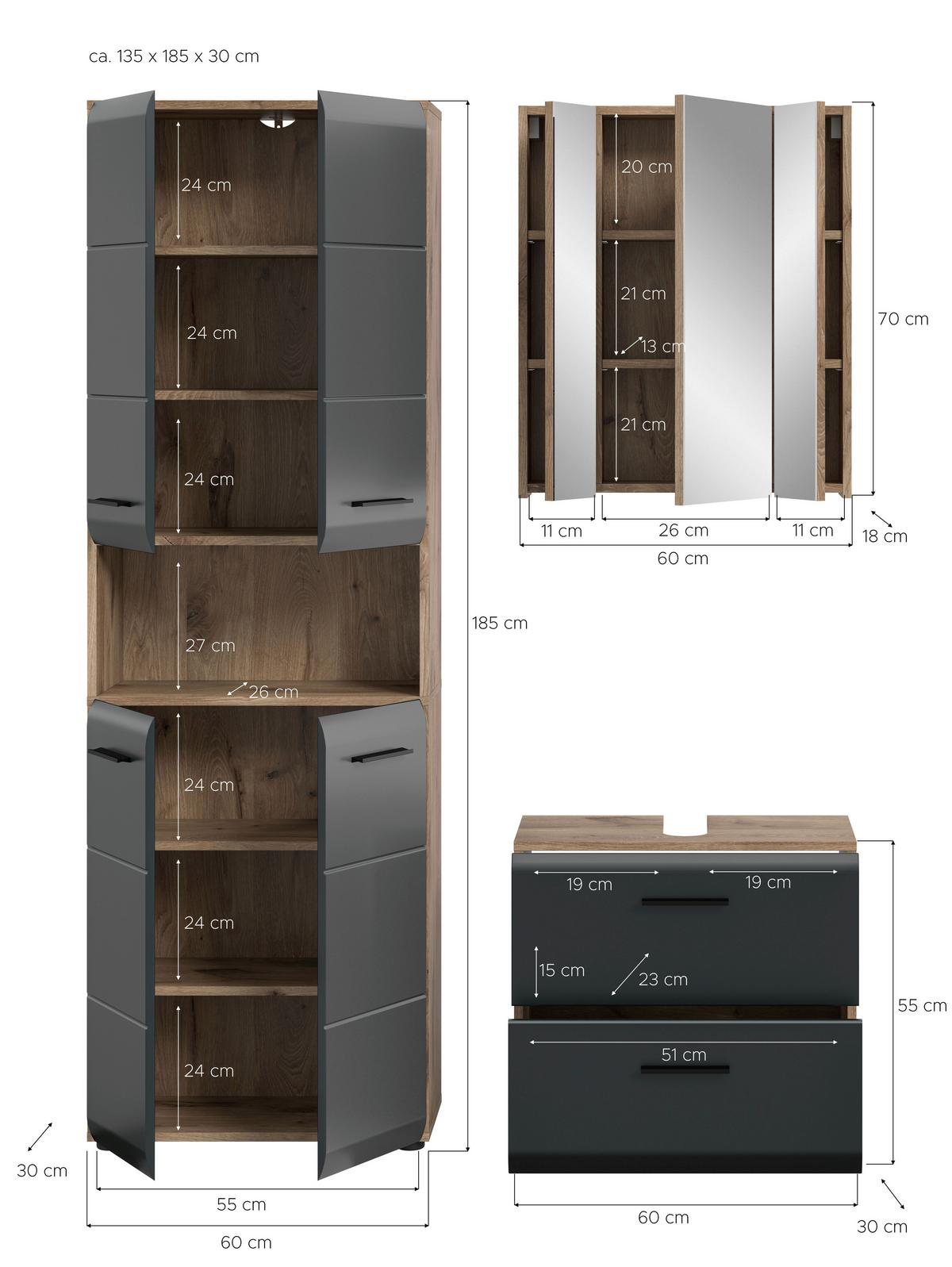 Badezimmer Ice Schwarz/Eiche Dekor B: 120cm - Eiche dunkel/Schwarz, Basics, Holzwerkstoff (120cm) - MID.YOU