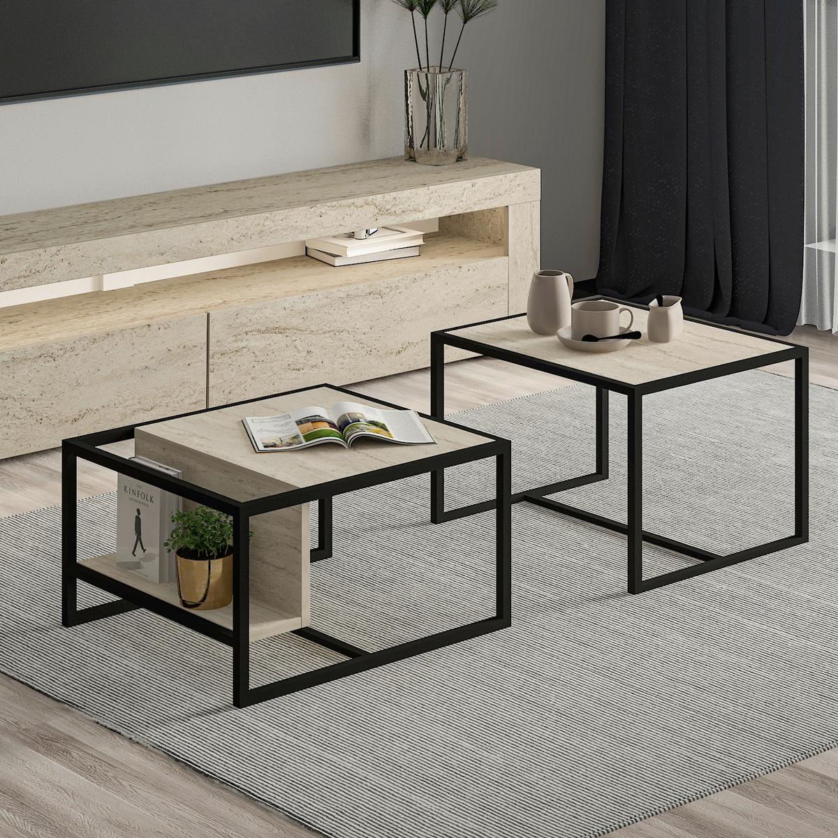 Couchtisch Bati Beige B: 60-63 Cm - Beige/Schwarz, Design, Holzwerkstoff/Metall (60-63/45-40/50-55cm) - Livetastic