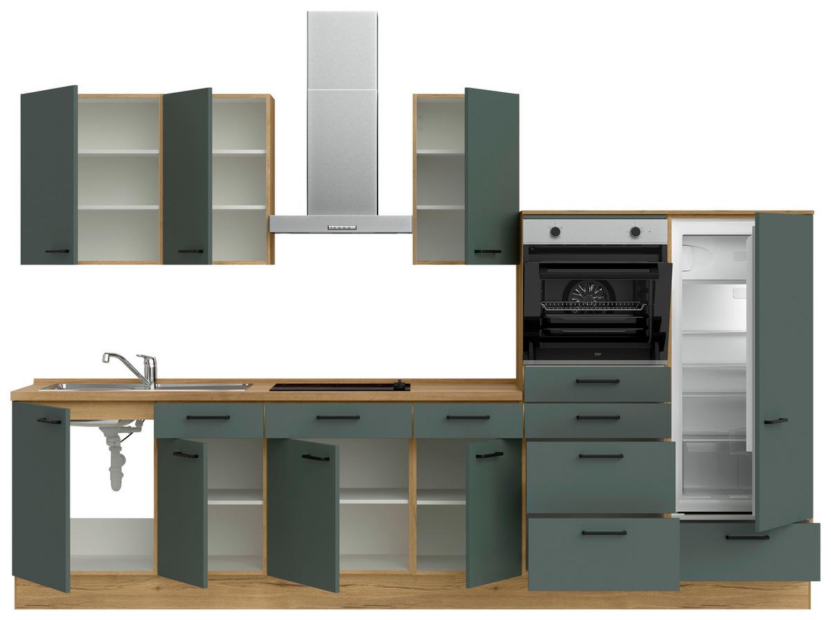 Kuchyňská linka 330 cm, minerální zelená,ultra matná - barvy dubu/černá, Moderní, kov/kompozitní dřevo (330cm) - Nobilia
