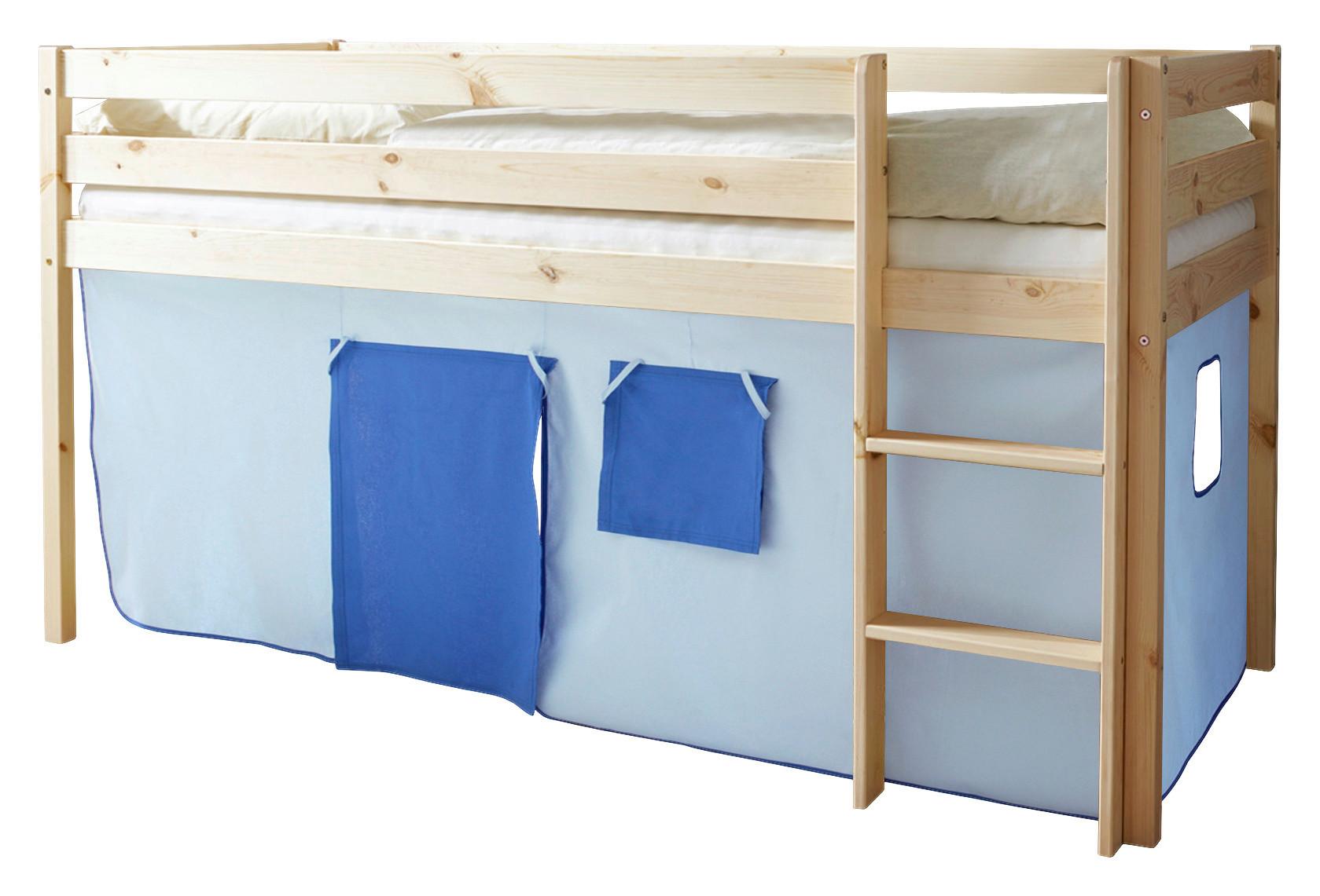 Spielbett Malte Blau Kiefer massiv 90 cm Vorhang Leiter