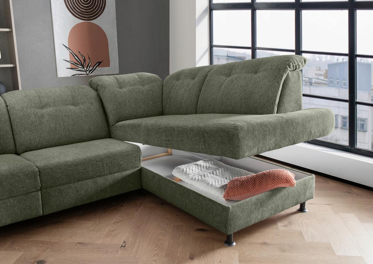 Ecksofa Minori Chenille Dunkelgrün, S: 270x198 cm - Dunkelgrün/Schwarz, MODERN, Textil (270/198cm) - Livetastic