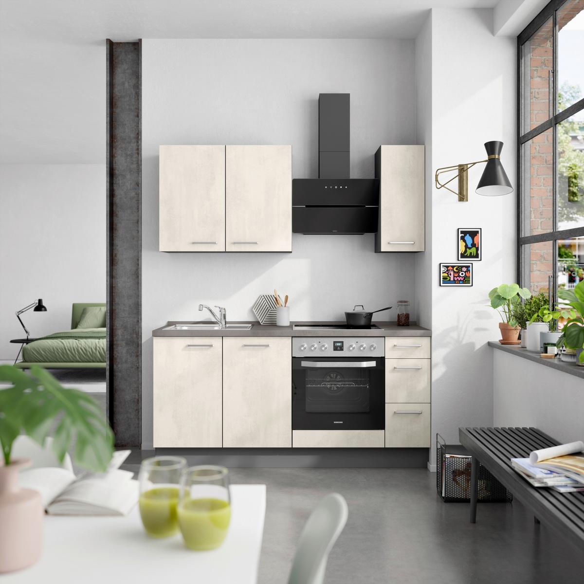 Kuchynská linka 180CM biely betón/ bridlicová šedá - biela/farba ušľachtilej ocele, Modern, kov/kompozitné drevo (180cm) - Nobilia