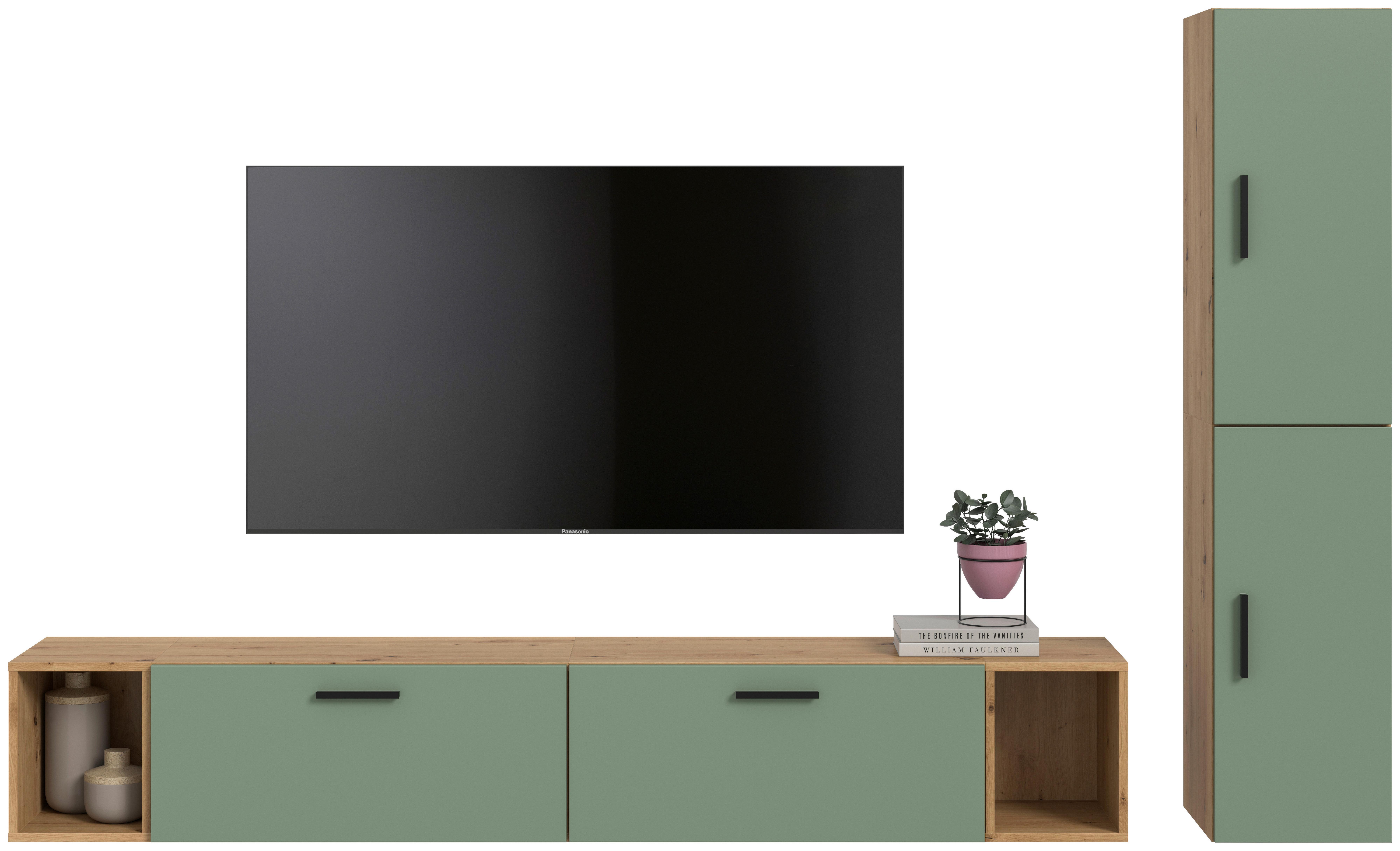 Wohnwand, The ONE 1, B: 259 cm Olivgrün/Artisan Eiche Dekor - Schwarz/Weiß, Trend, Holzwerkstoff (259/182/34cm)