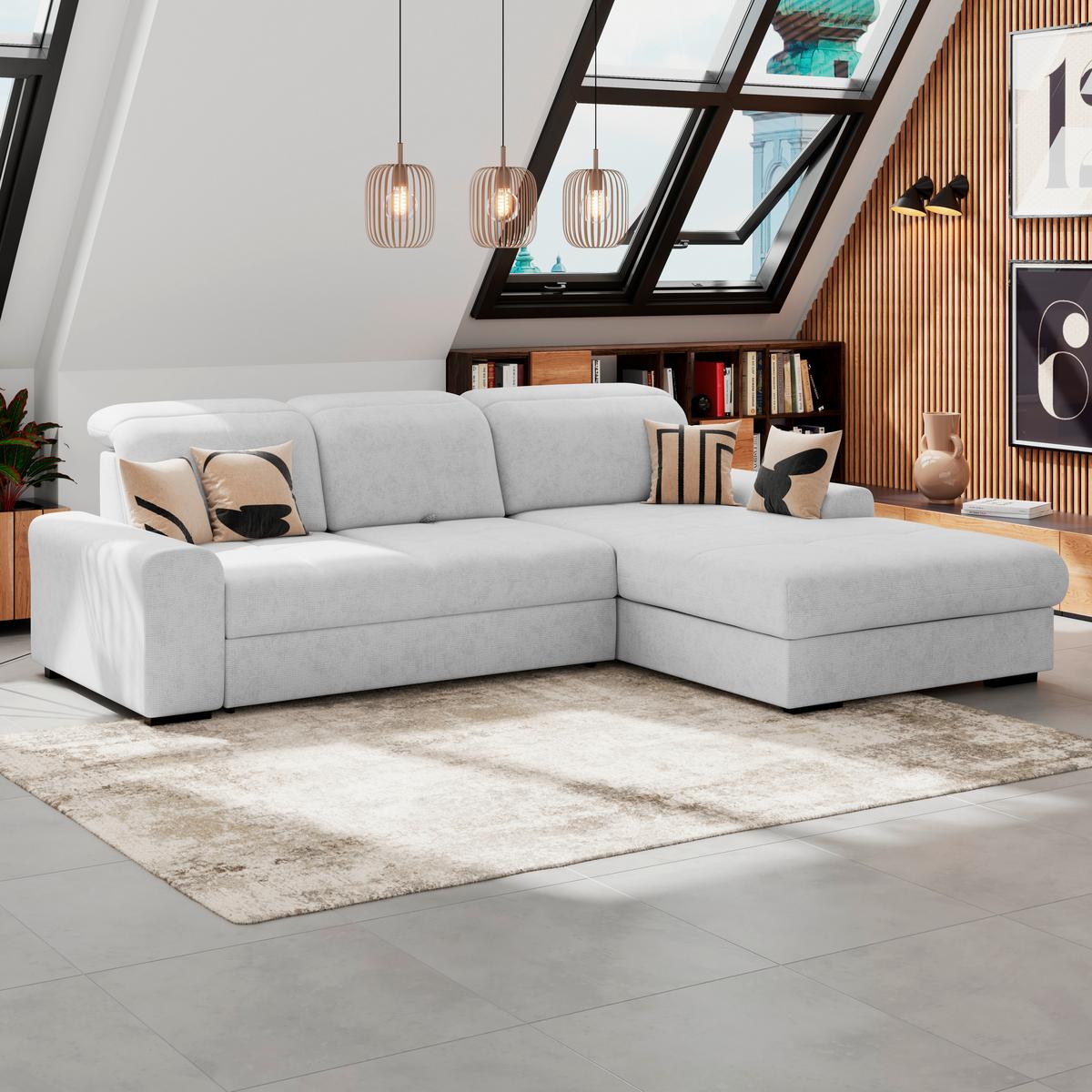 Ecksofa mit Bettfunktion Malaga new Chenille silber - Silberfarben/Schwarz, KONVENTIONELL, Textil (286/203cm) - Ondega