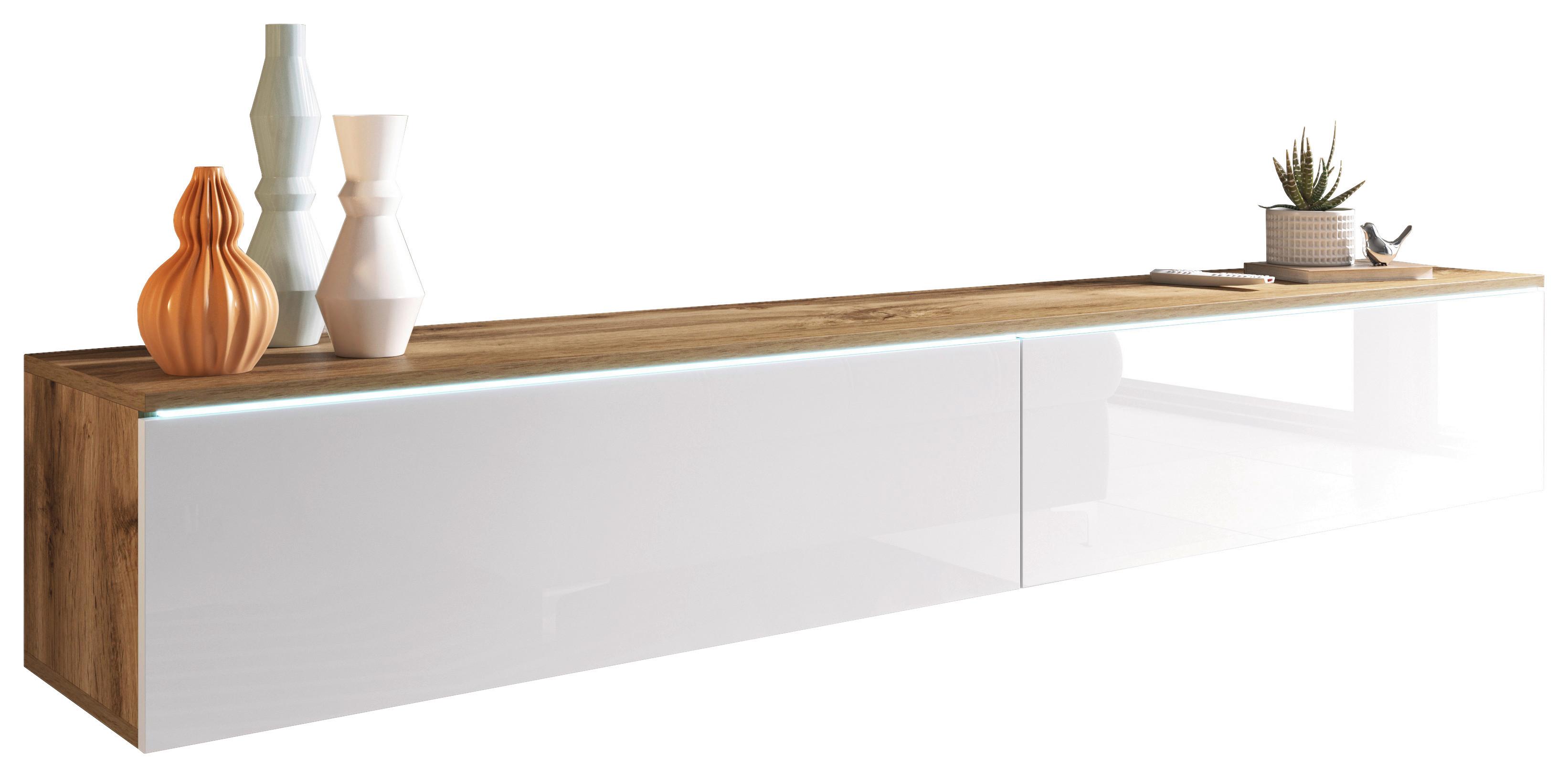 TV-Lowboard Eiche Wotan B: 180 cm Weiß/Eichefarben - Weiß Hochglanz/Eiche Wotan, LIFESTYLE, Holzwerkstoff (180/30/33cm) - P & B