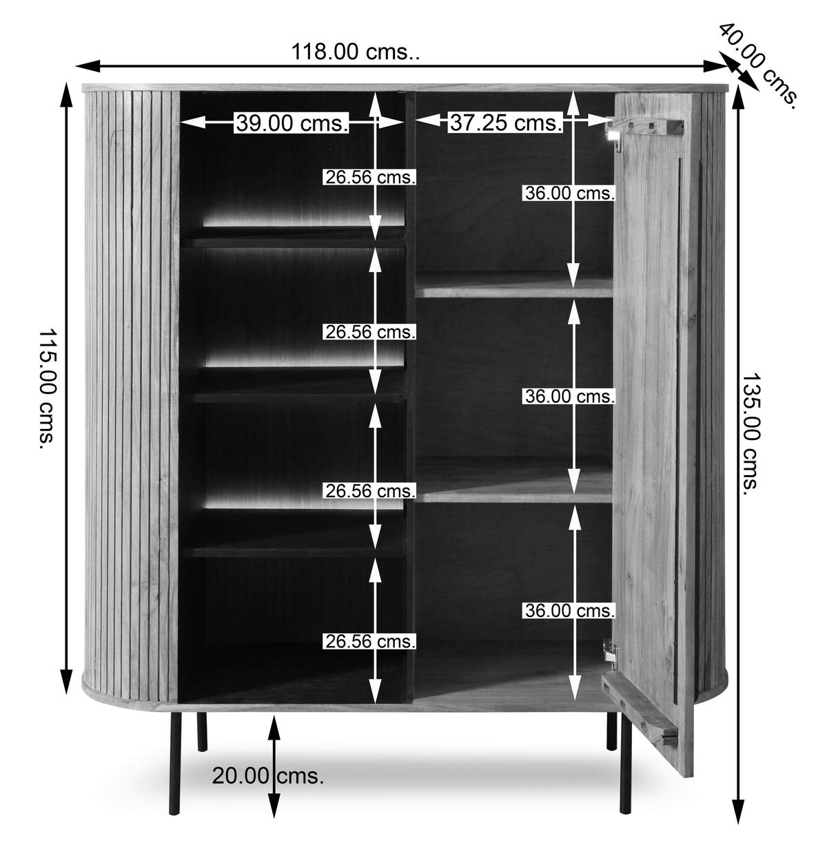 Highboard Kunja Akazie Massiv, B: 118 cm - Schwarz/Akaziefarben, Trend, Holz/Metall (118/135/40cm)