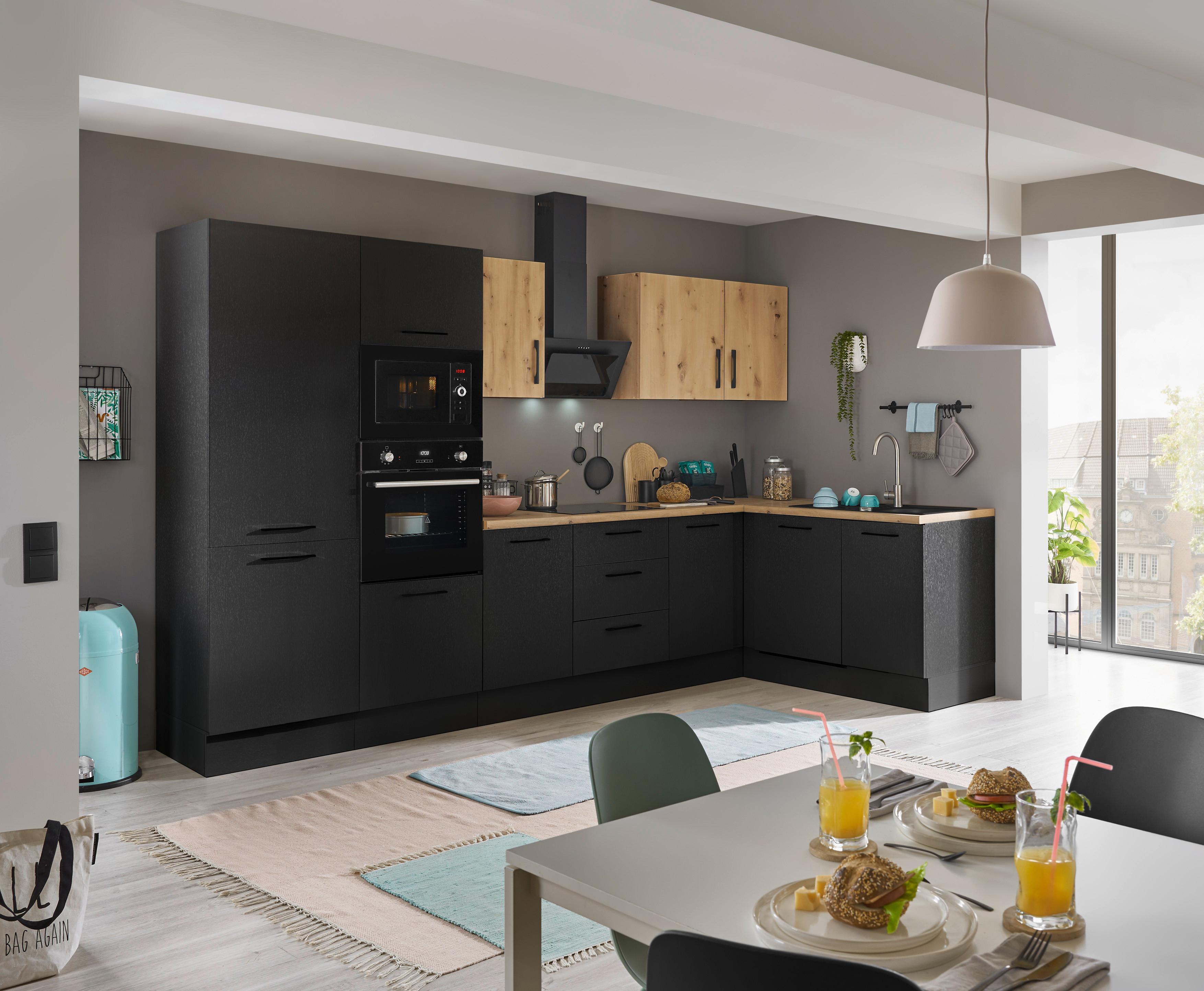 Eckküche Turin Schwarz/Eiche Dekor 340x175 cm - Schwarz/Eiche Artisan, Basics, Holzwerkstoff (340/175cm) - MID.YOU