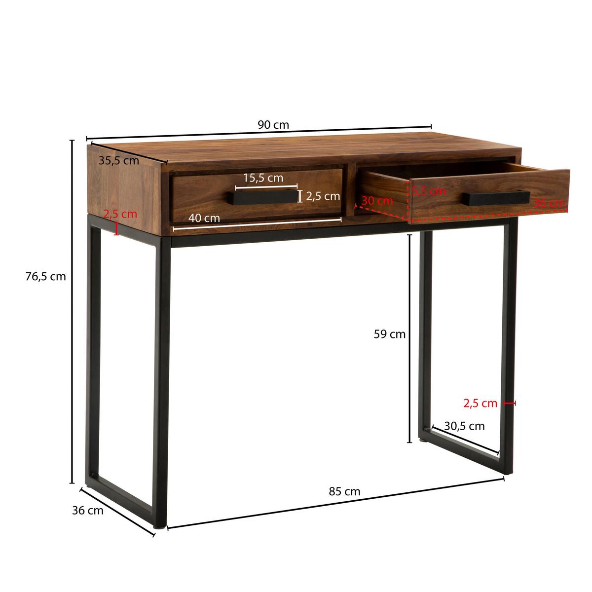 Konsolentisch mit Schubladen, Sheesham Massiv - Sheeshamfarben/Schwarz, KONVENTIONELL, Holz/Metall (90/35,5/76,5cm) - MID.YOU