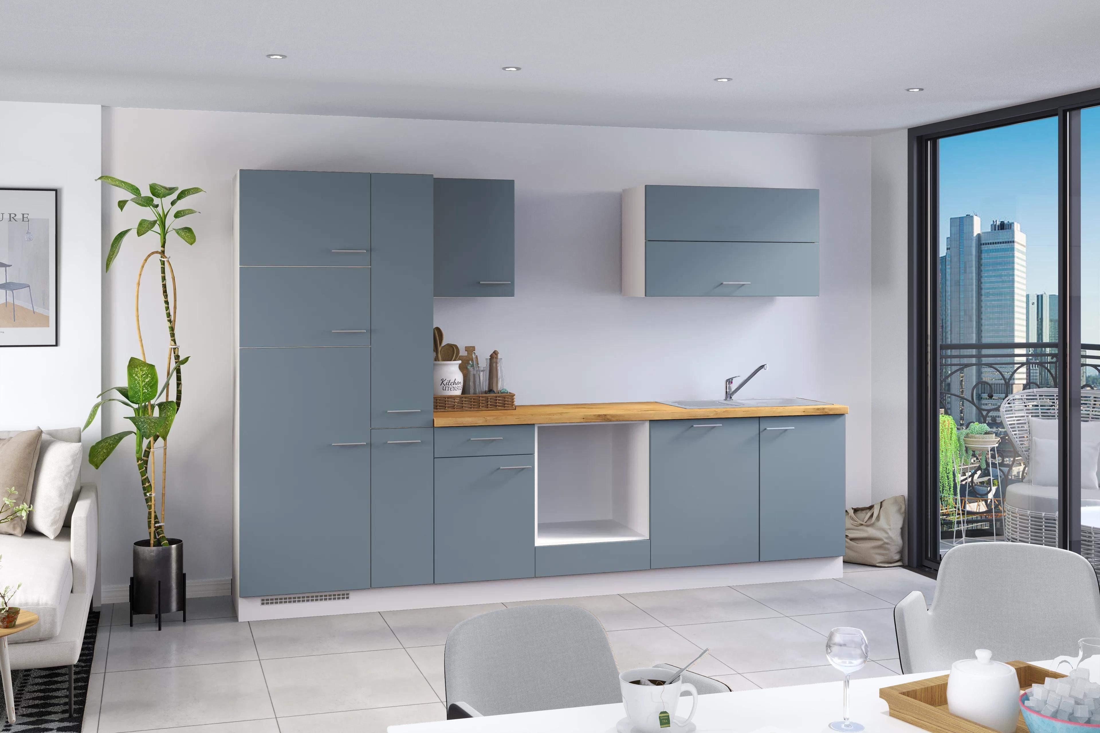 Küchenzeile Ip1200 Ohne Geräte 310 Cm Taupeblau - Blau/Eichefarben, Basics, Holzwerkstoff (310cm)