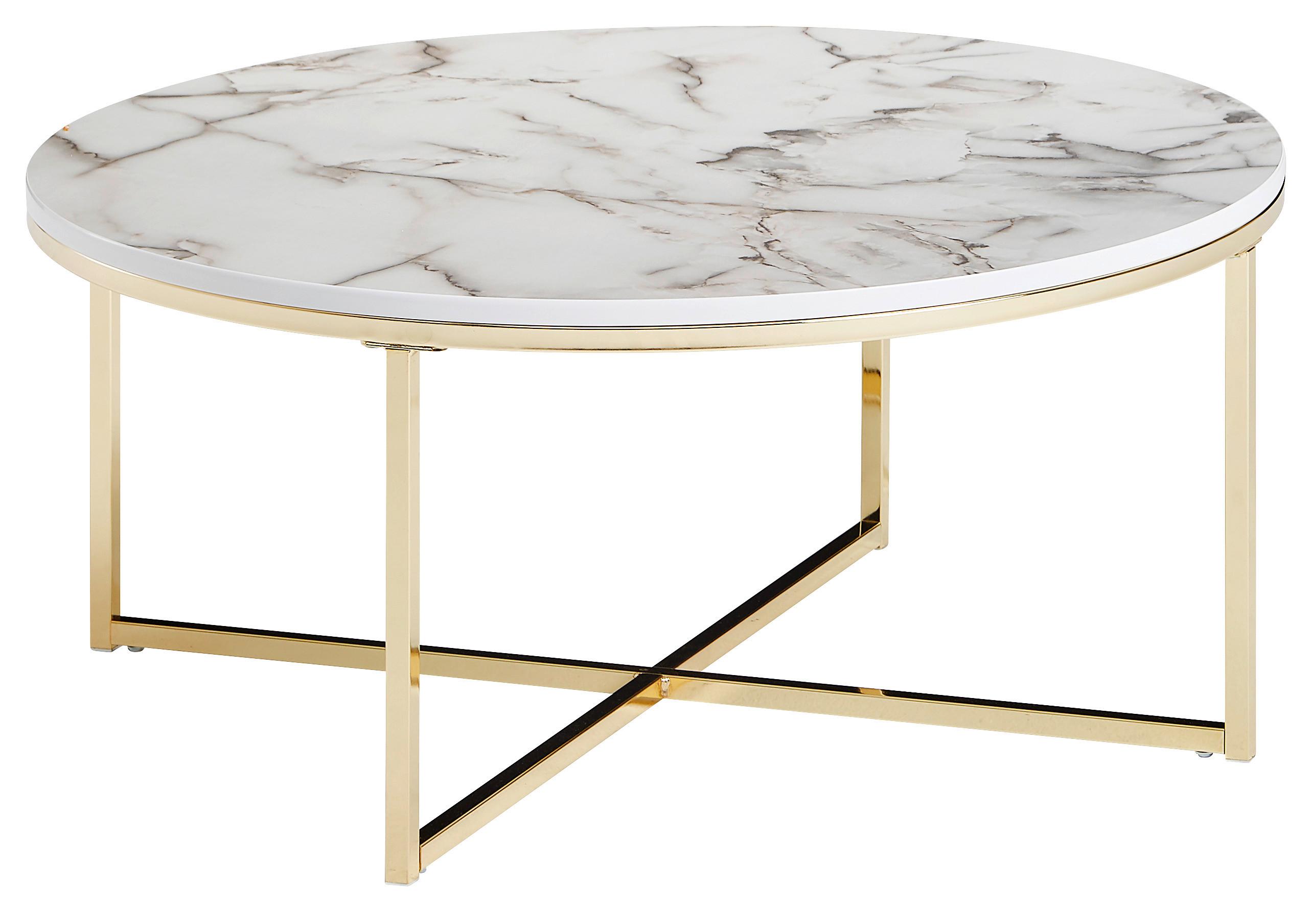 Couchtisch Rund In Marmoroptik mit Stahlgestell Weiß/Gold
