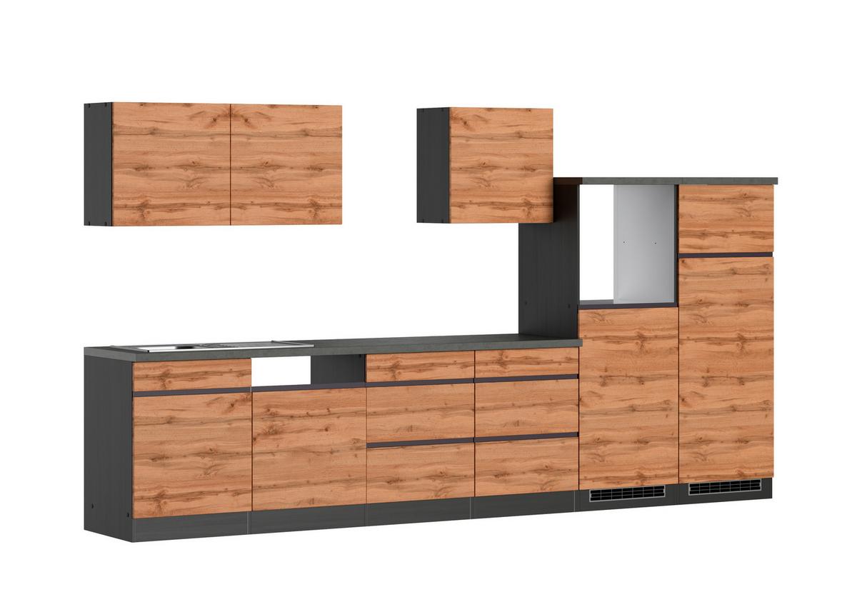 Küchenzeile Turin ohne Geräte B: 360 cm Graphit/Eiche Dekor - Eiche Wotan/Graphitfarben, Design, Holzwerkstoff (360cm) - Held