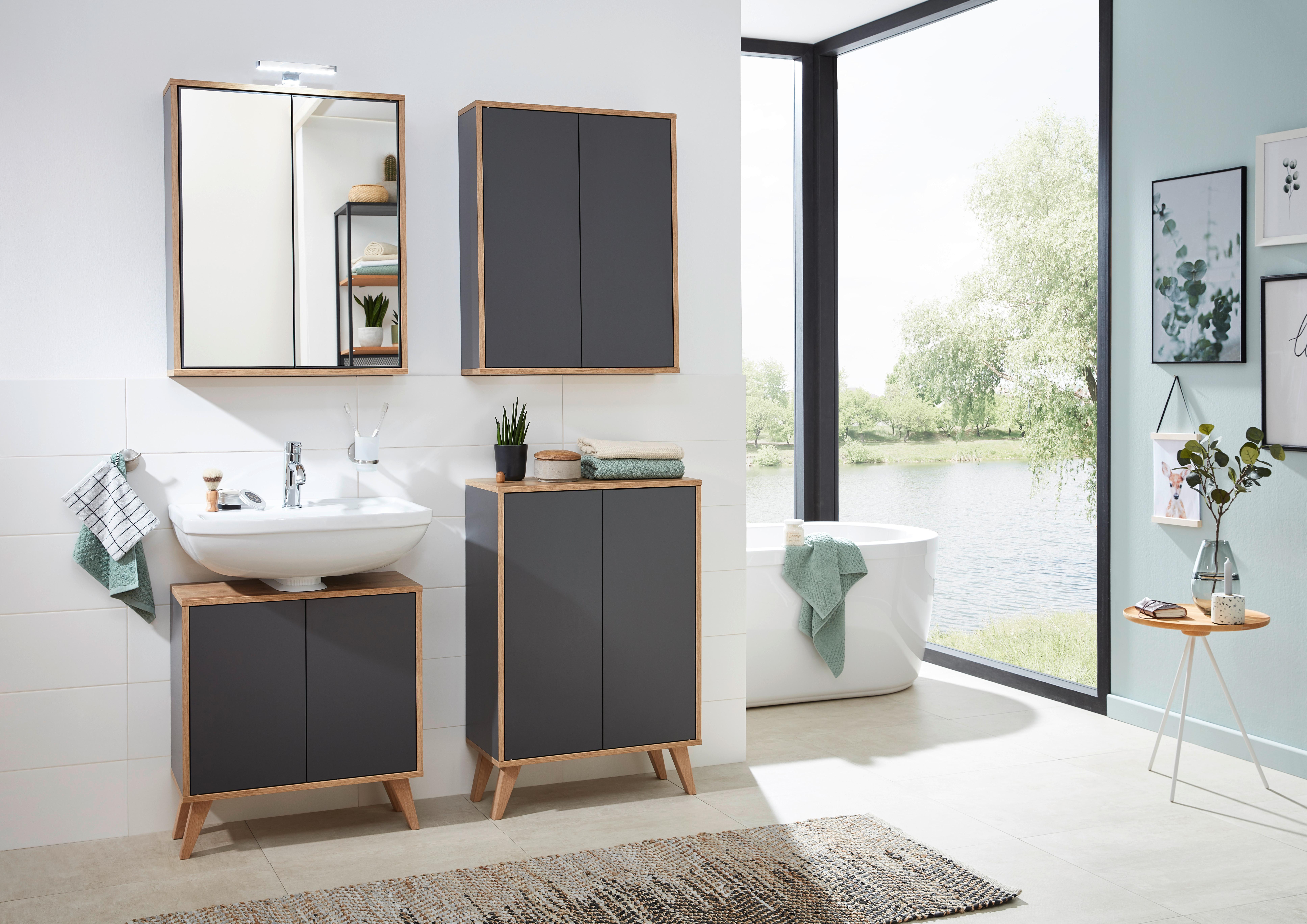 Midischrank Push-To-Open Finn B: 60 cm, Anthrazit - Eichefarben/Anthrazit, MODERN, Glas/Holzwerkstoff (60/75/30,5cm) - MID.YOU