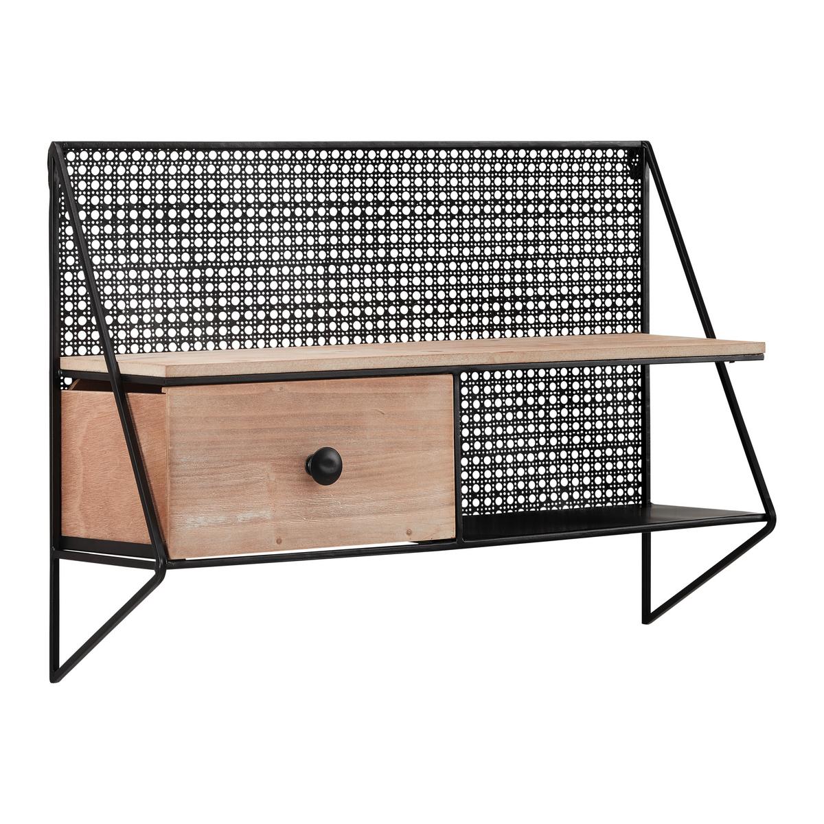 Nastěnný regál LELIA - černá/přírodní barvy, Moderní, kov/dřevo (60/43/20cm) - Bessagi Home