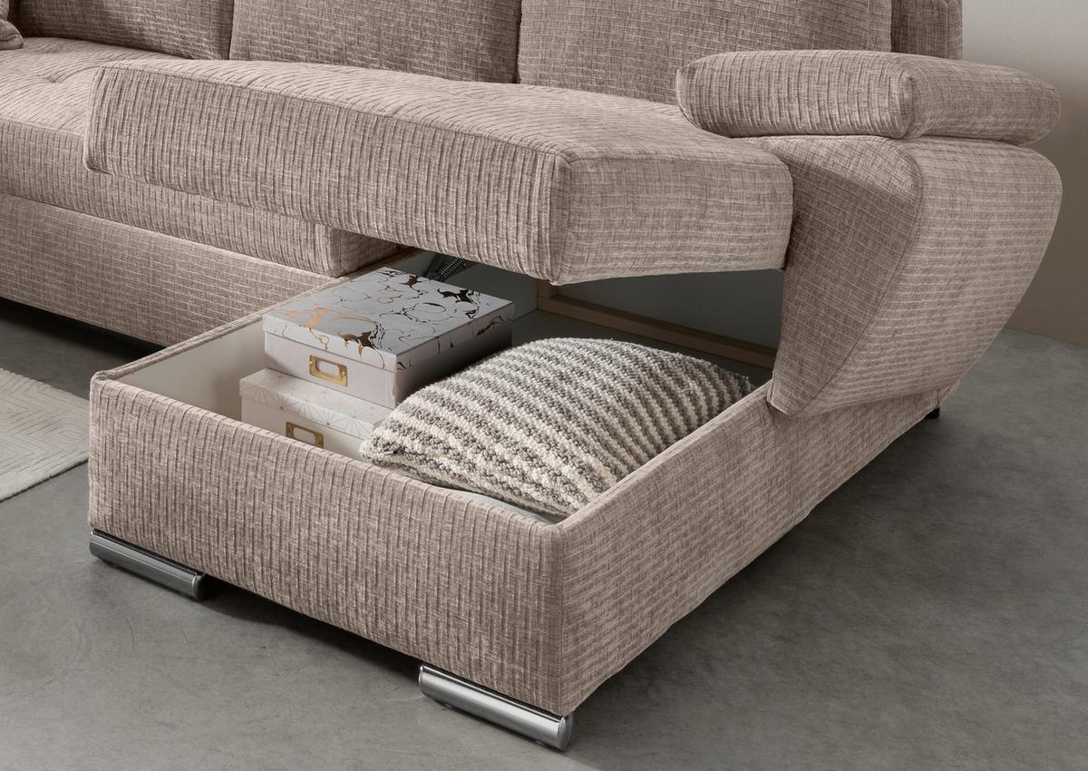 Wohnlandschaft Terana Beige mit Schlaffunktion, Mikrofaser - Chromfarben/Beige, KONVENTIONELL, Textil (219/305/157cm) - Livetastic