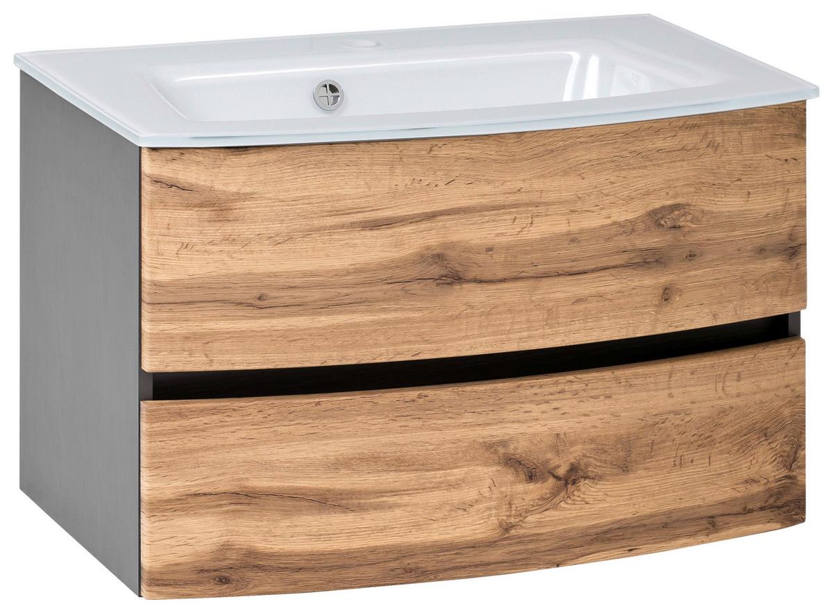 Waschbecken mit Unterschrank Kopenhagen B: 80 cm Grau/Eiche - Eiche dunkel/Eichefarben, KONVENTIONELL, Glas/Holzwerkstoff (80cm) - Held