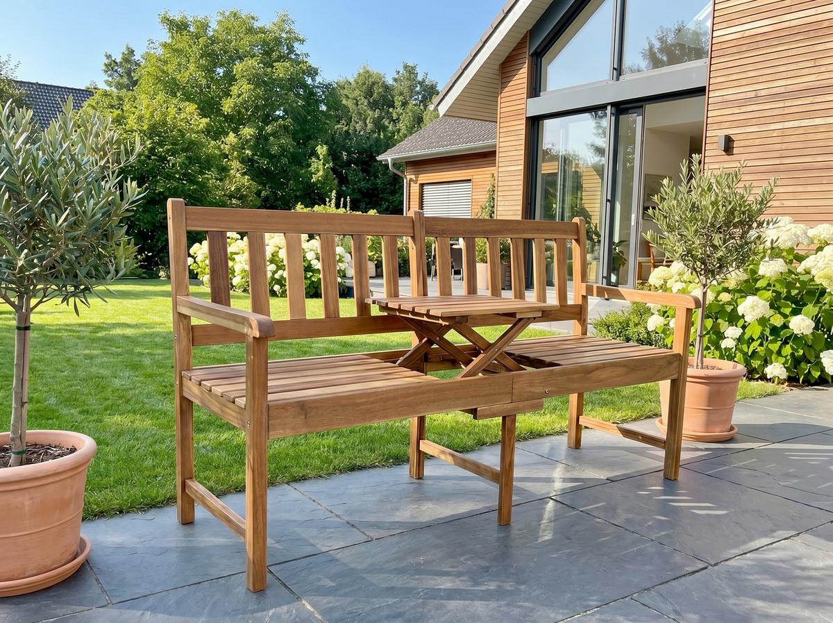 Holzbank mit Tisch LxBxH: ca. 153x57x88 cm - Akaziefarben, Basics, Holz (153/57/88cm) - Prestige Home