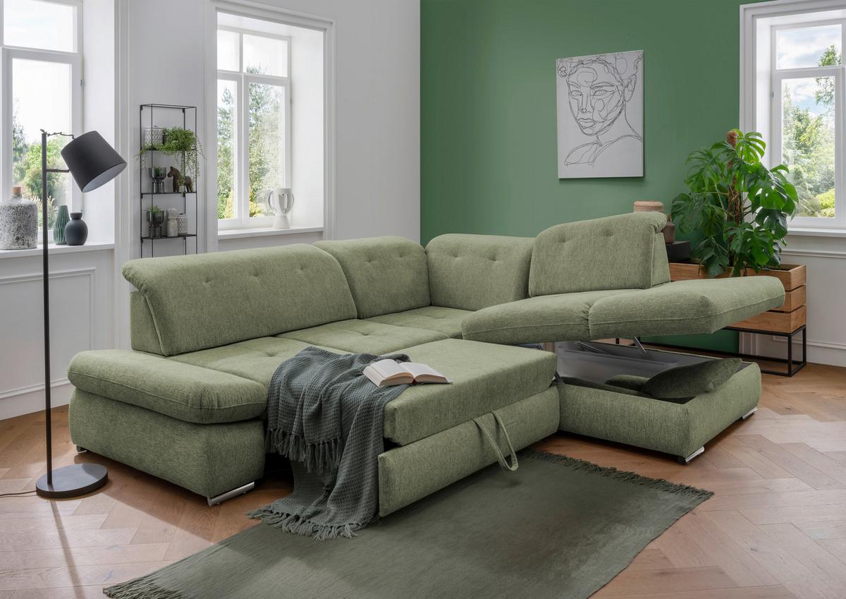 Ecksofa Mit Schlaffunktion Dalida Grün Chenille - Chromfarben/Grün, Design, Textil (280/254cm) - Livetastic