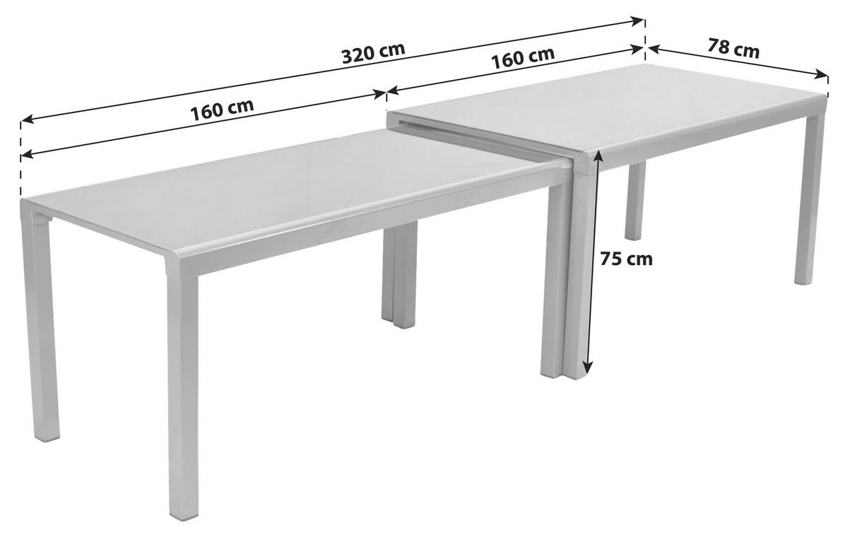 Gartentisch Ausziehbar Flex Metall L 160 Cm - Silberfarben, MODERN, Glas/Metall (160/78/75cm) - Gardenson