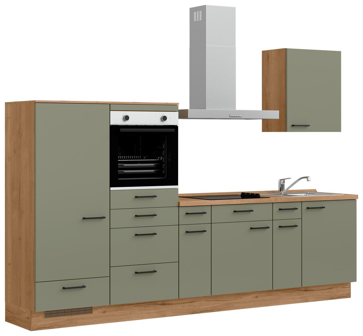 Kuchyňská linka 300 cm, olivově zelená - barvy dubu/černá, Moderní, kov/kompozitní dřevo (300cm) - Nobilia