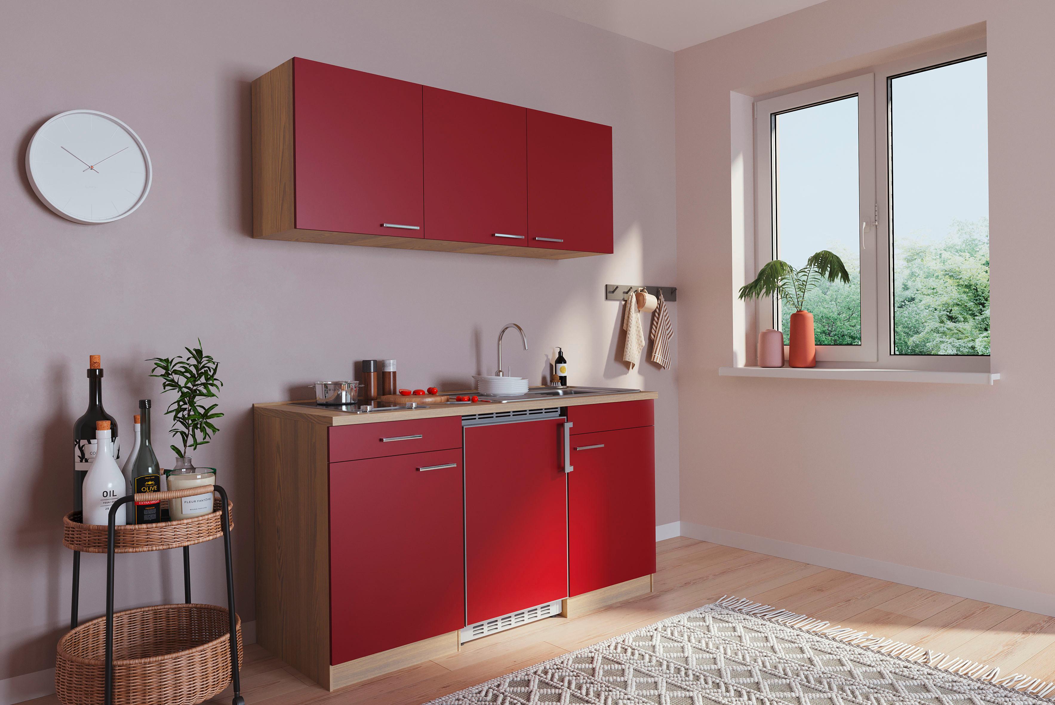 Miniküche mit Kühlschrank + Kochfeld 150cm Rot/Eiche Dekor - Rot, Basics, Holzwerkstoff (150cm) - Respekta