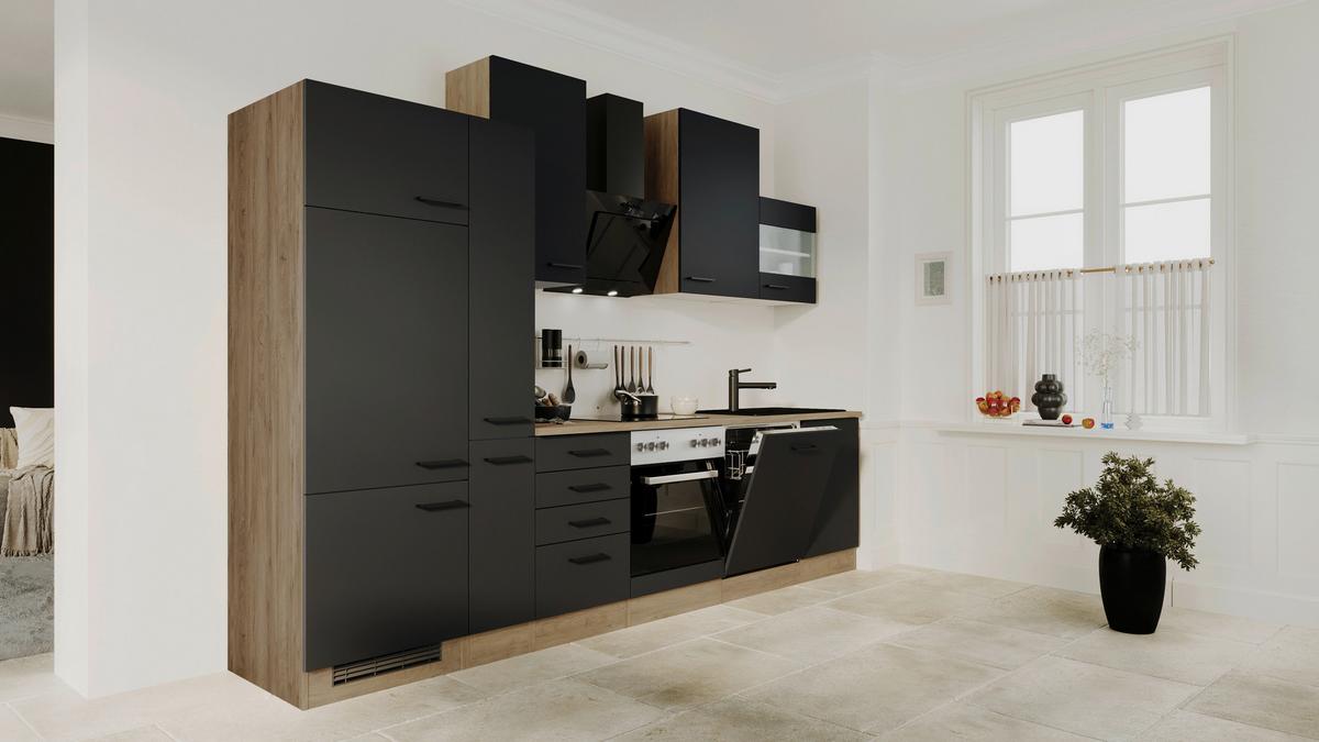 Küchenblock Capri Eiche/Schwarz B: 310 cm - Eichefarben/Schwarz, Basics, Holzwerkstoff (310cm) - FlexWell