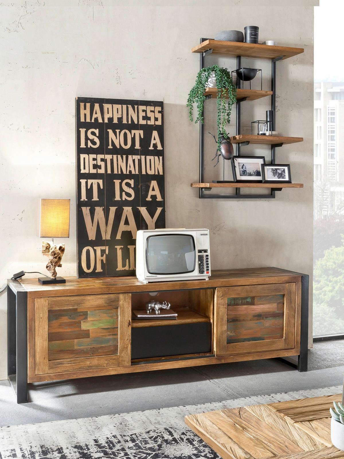 Wandregal 4 Böden Teakholz/Metall B: 70cm - Schwarz/Naturfarben, Design, Holz/Metall (70/97/25cm) - MID.YOU