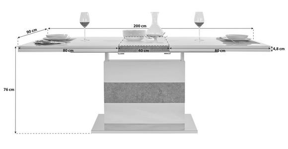 Esstisch Ausziehbar Ralf II 160-200x90 cm Weiß/Betonoptik - Edelstahlfarben/Weiß, MODERN, Glas/Holzwerkstoff (160-200/76/90cm) - Luca Bessoni