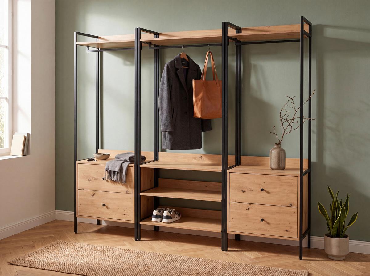 Garderobe Dhaka Eichefarben/Schwarz B: 64 cm - Schwarz, MODERN, Holzwerkstoff/Metall (64/190/40cm)