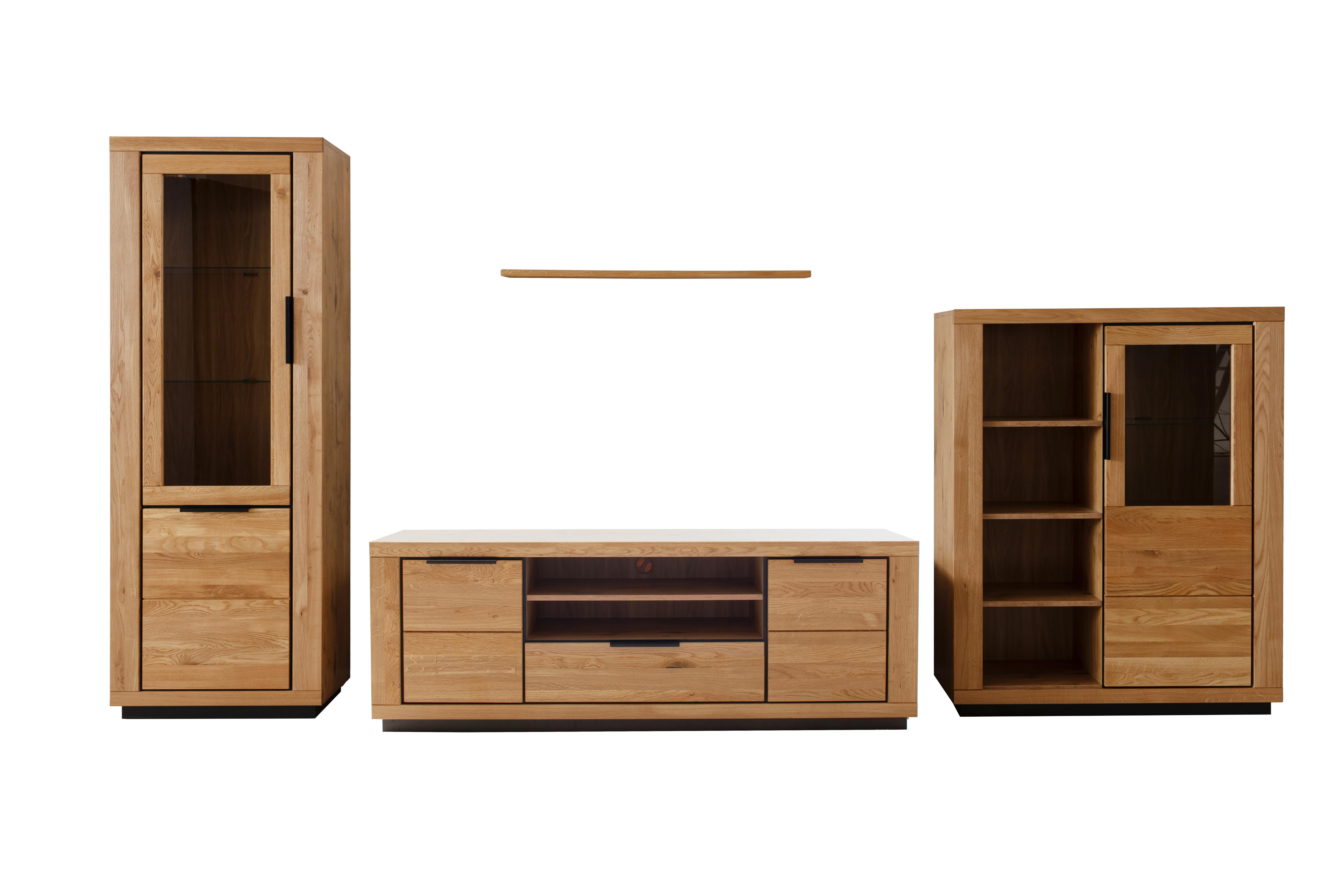 WOHNWAND Wildeiche, 407 cm 4-teilig - Wildeiche/Schwarz, Design, Glas/Holz (407/200/54cm) - MID.YOU