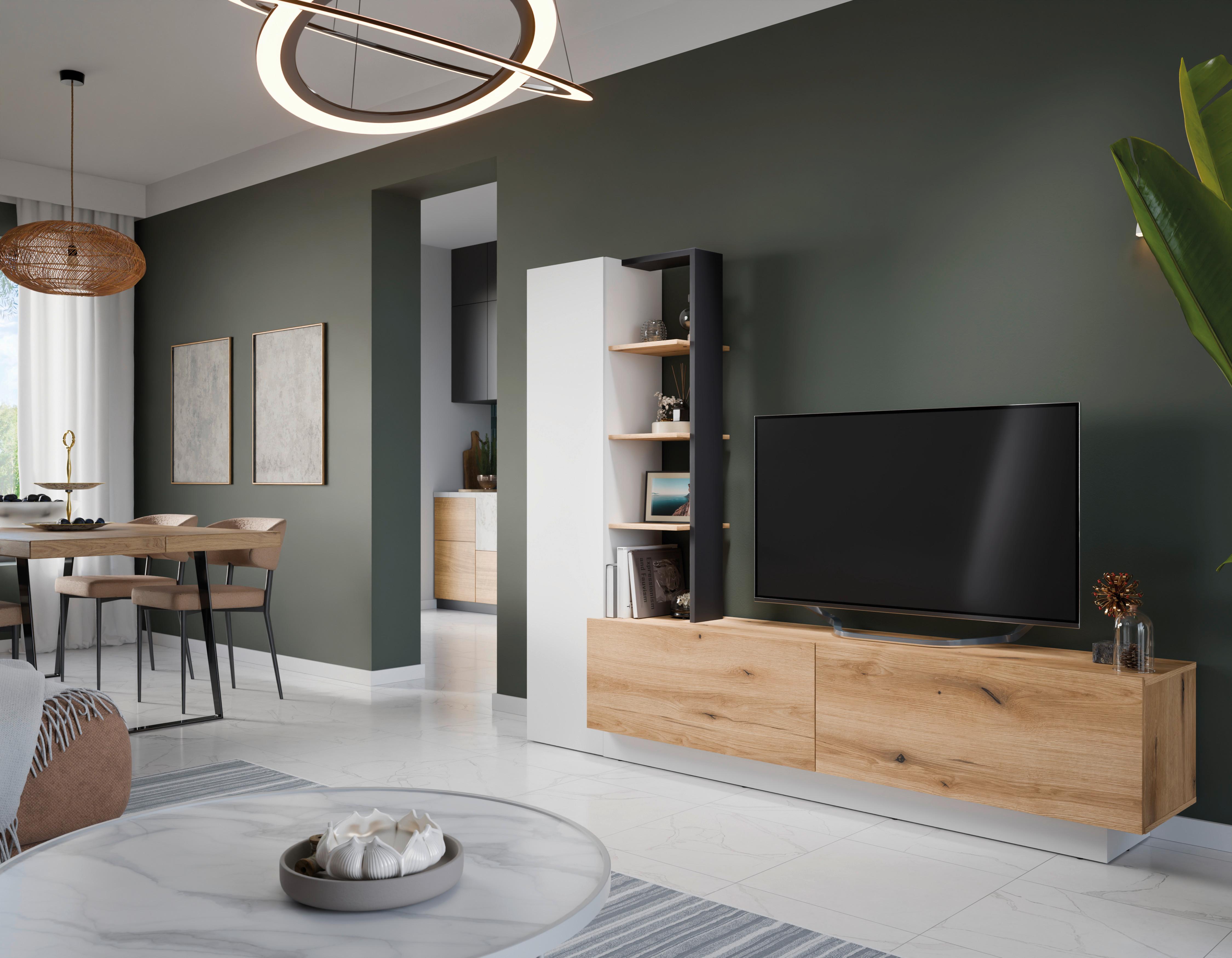 Wohnwand Tevisa B: 230 cm Alpinweiss/Eichefarben