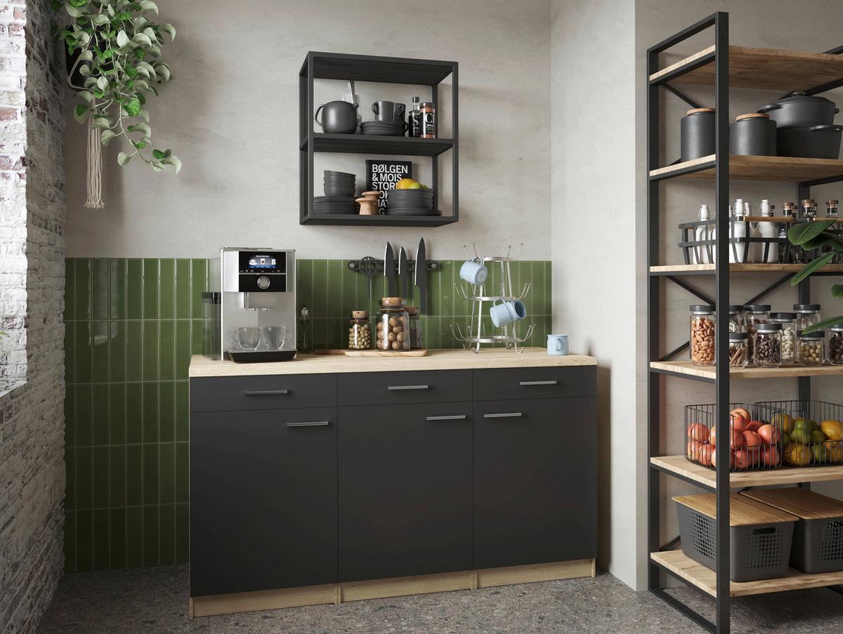 Küchenunterschrank Merle Schwarz, Eiche Dekor B: 150 cm - Eichefarben/Schwarz, Basics, Holzwerkstoff (150/85/60cm) - Respekta
