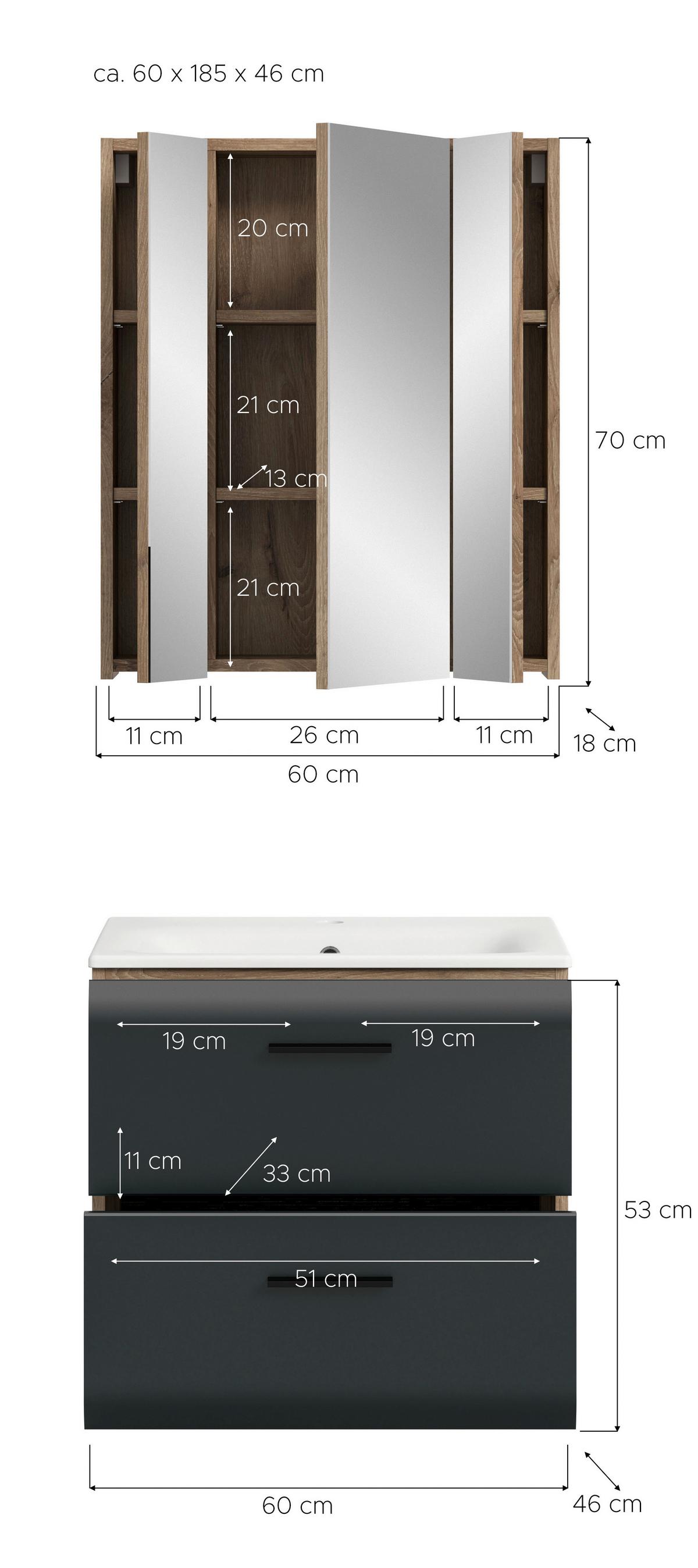 Kúpeľňa Ice 2-dielna. čierna/Dub tmavy - čierna/biela, Basics, kompozitné drevo/plast (60cm) - MID.YOU