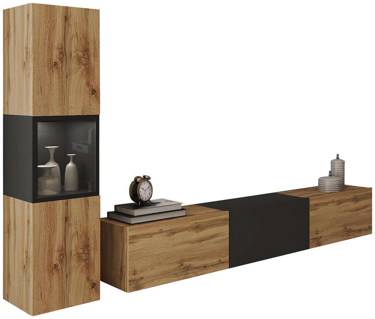 Wohnwand Berlin I Eiche Wotan/Schwarz B: 210 cm - Eiche Wotan/Schwarz, Design, Glas/Holzwerkstoff (210/130/32,5cm) - P & B