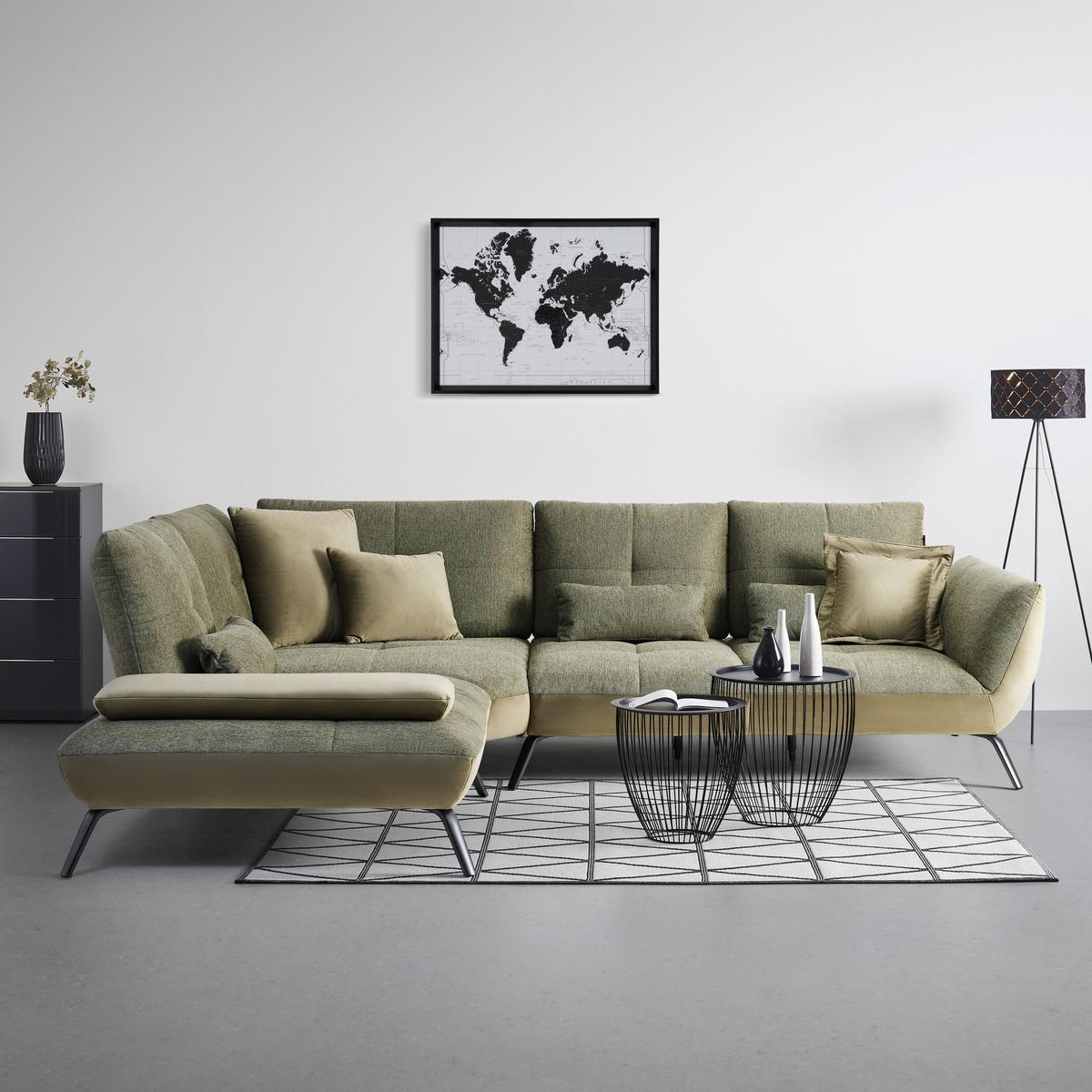 TRENDY, levá, bez funkcí, olivově zelená, s polštáři - černá/olivově zelená, Moderní, kov/kompozitní dřevo (250/310cm) - Premium Living