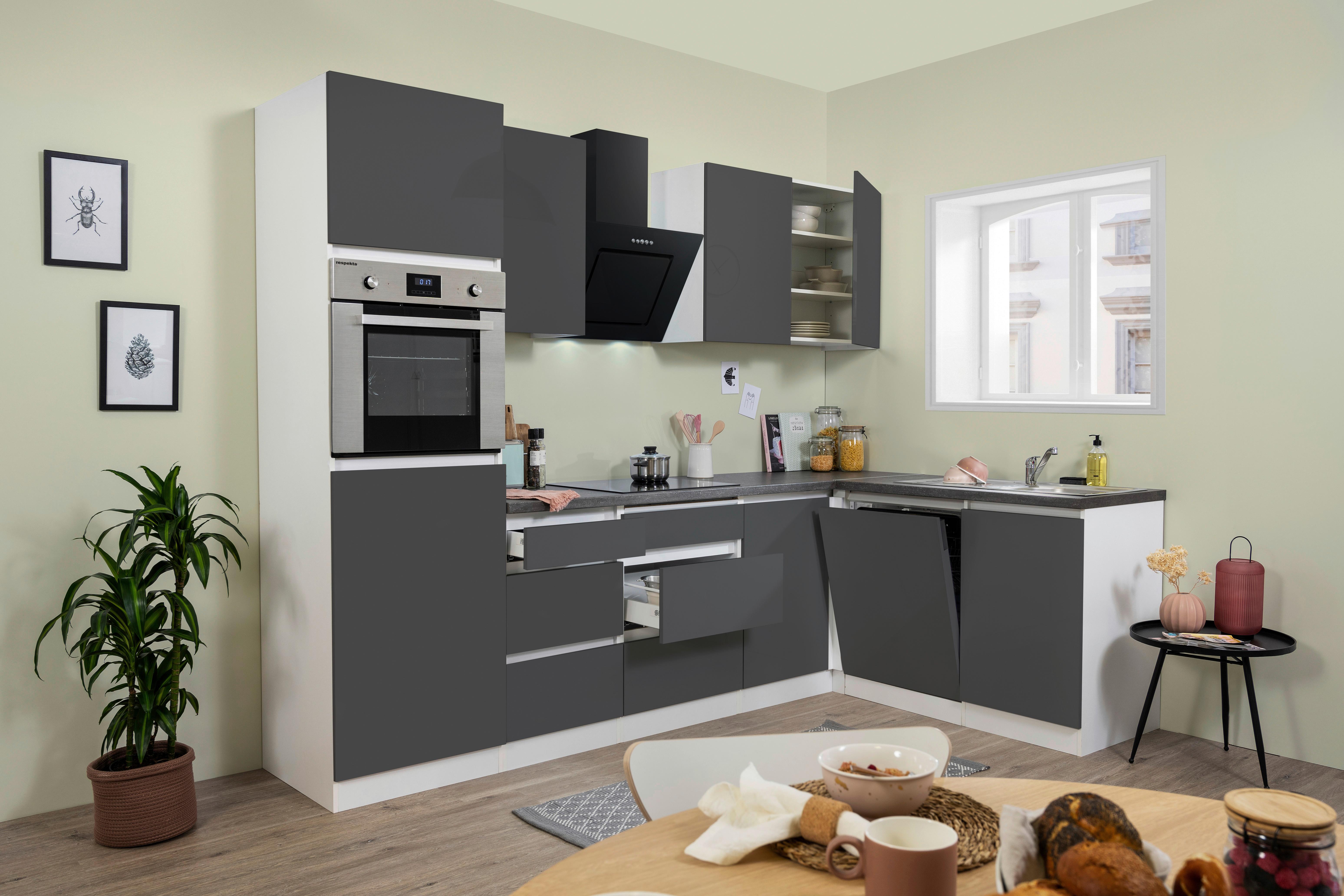 Küchenzeile Premium M. Geräten 280 Cm Weiß/grau Modern - Grau Hochglanz/Weiß, MODERN, Holzwerkstoff (280/172cm) - Respekta