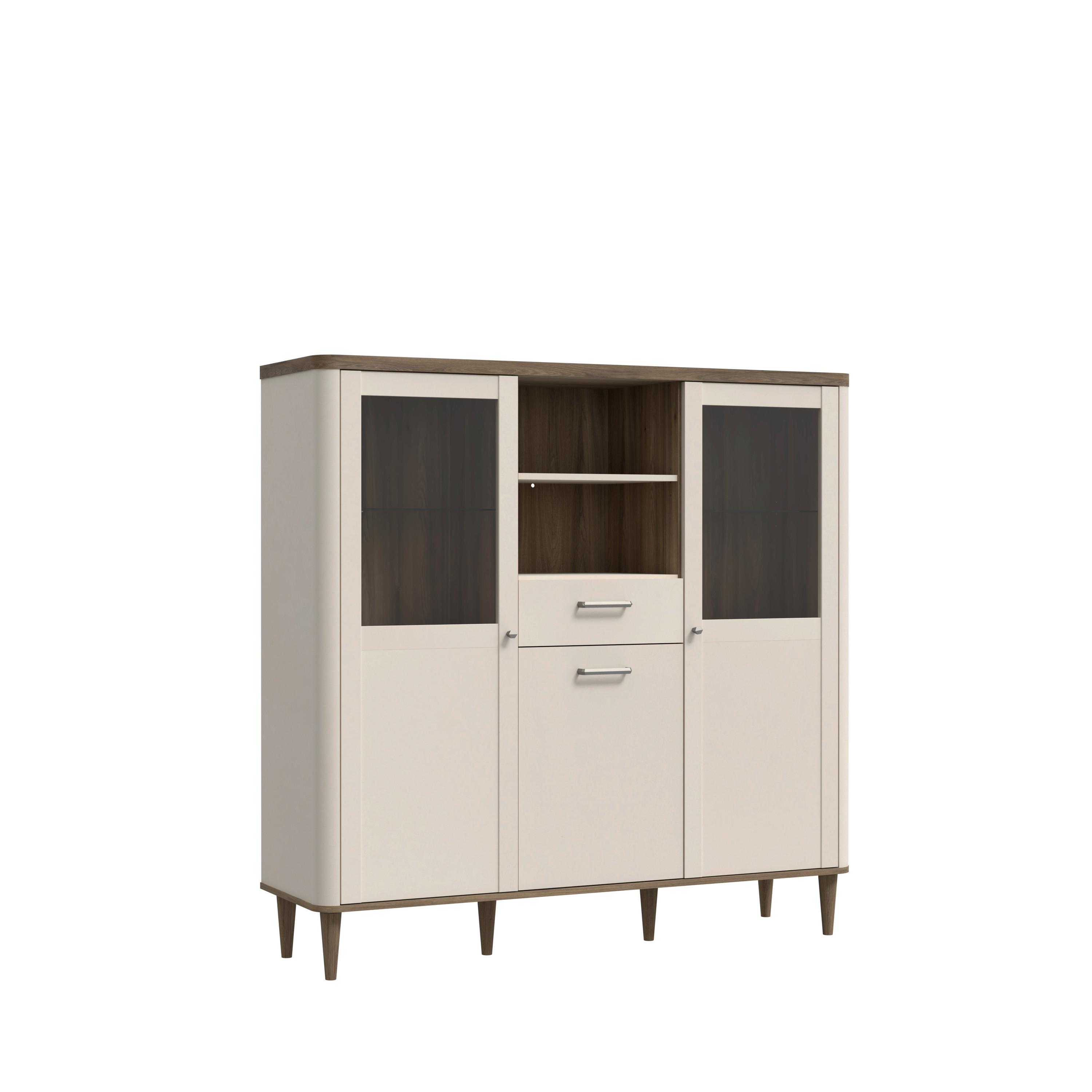 VITRÍNA LACETTI - piesková/farba duba, Modern, kompozitné drevo/sklo (144,8/142,9/41,2cm)