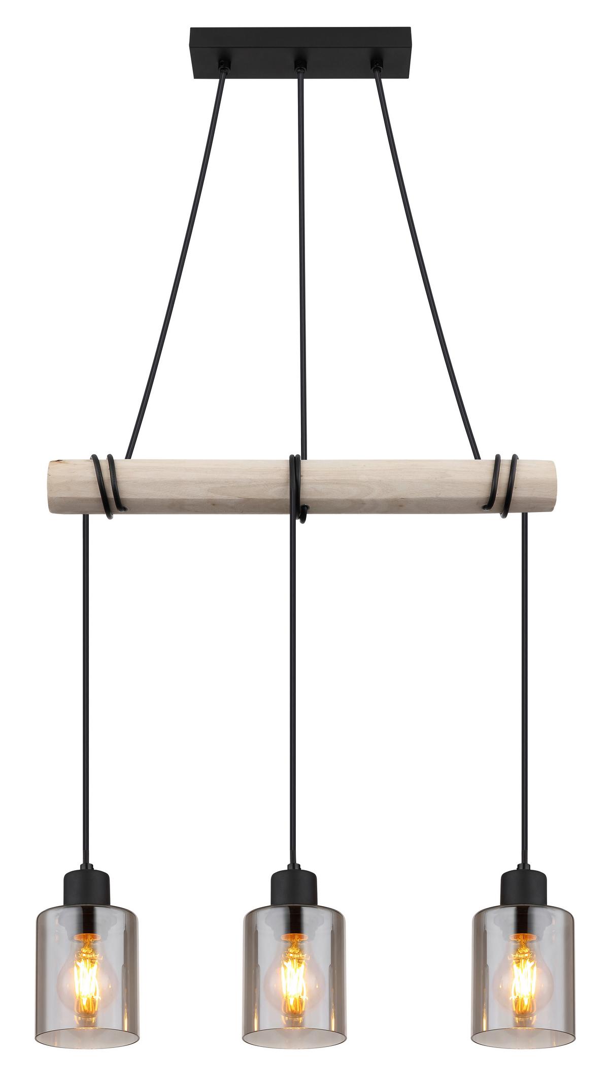 Hängeleuchte 15465-3h - Schwarz/Naturfarben, Natur, Glas/Holz (50/10/140cm) - Globo